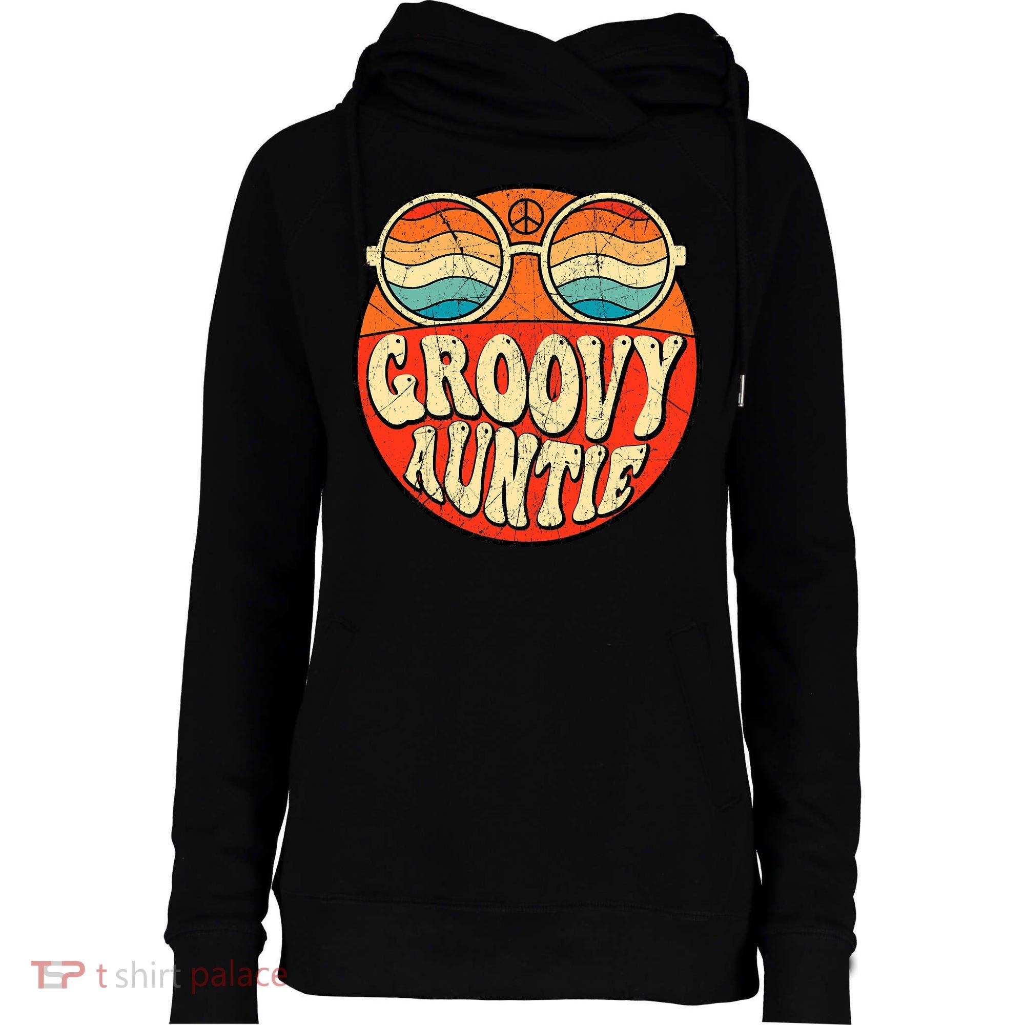 Groovy Auntie 70s Aesthetic Nostalgia 1970s Retro Aunt Womens Funnel Neck Pullover Hood