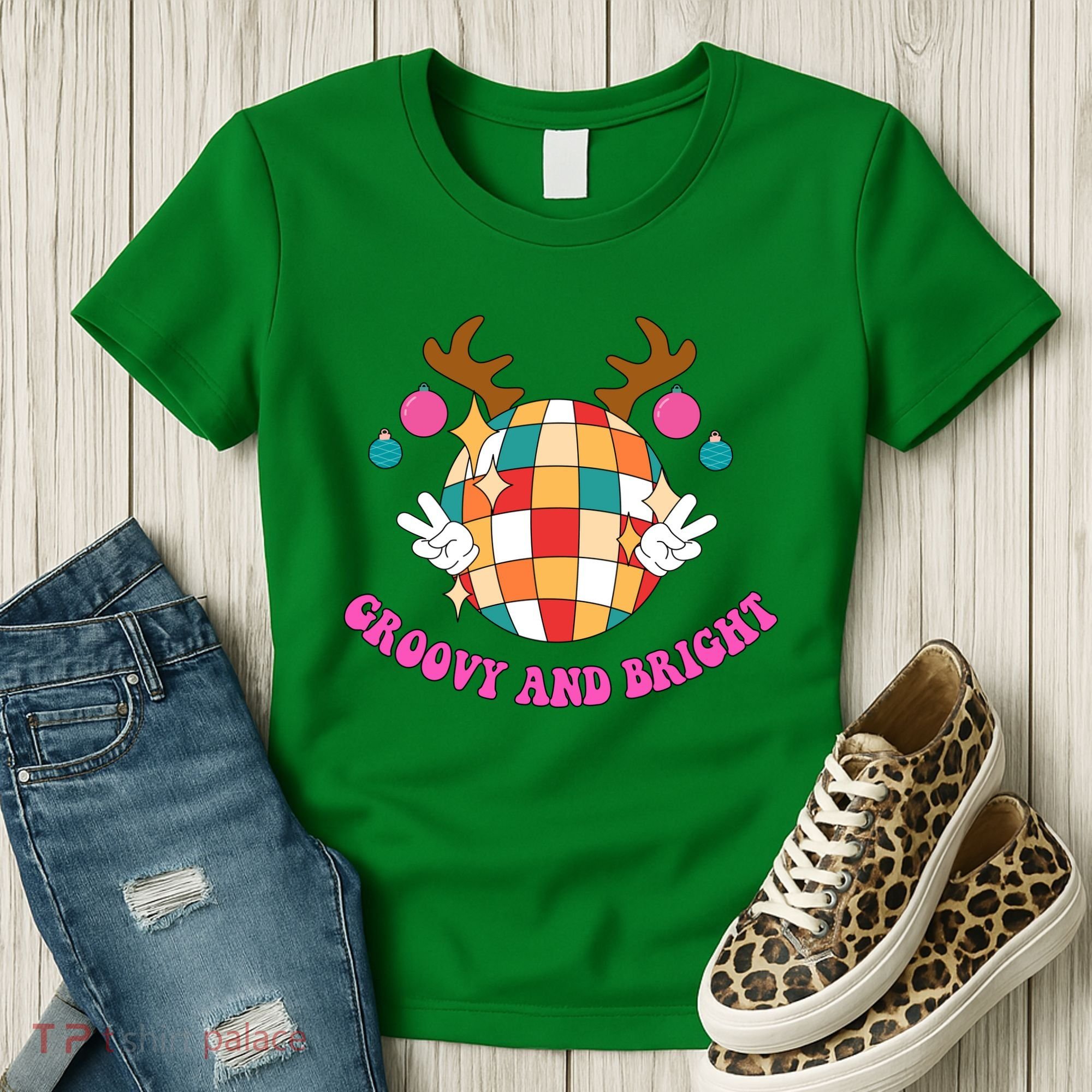 Groovy And Bright Disco Christmas Reindeer Women's T-Shirt