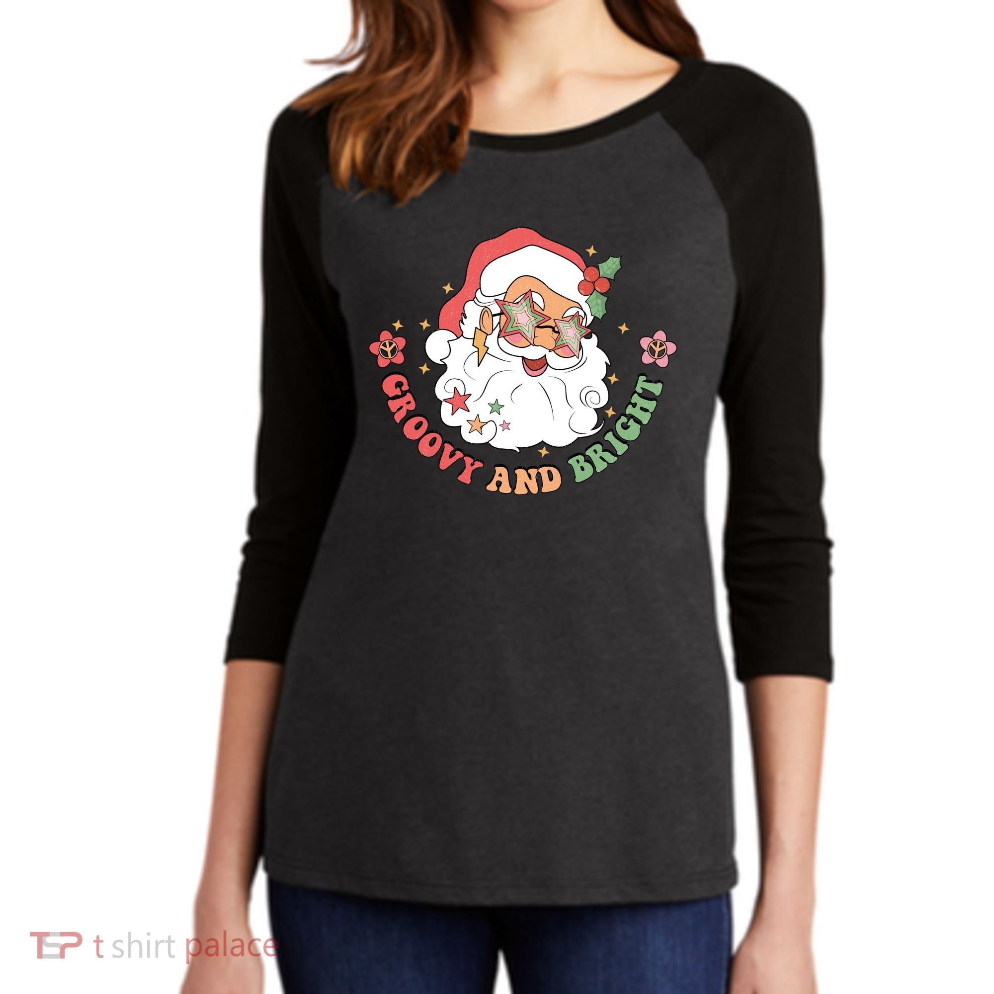 Groovy And Bright Santa Claus Christmas Women's Tri-Blend 3/4-Sleeve Raglan Shirt