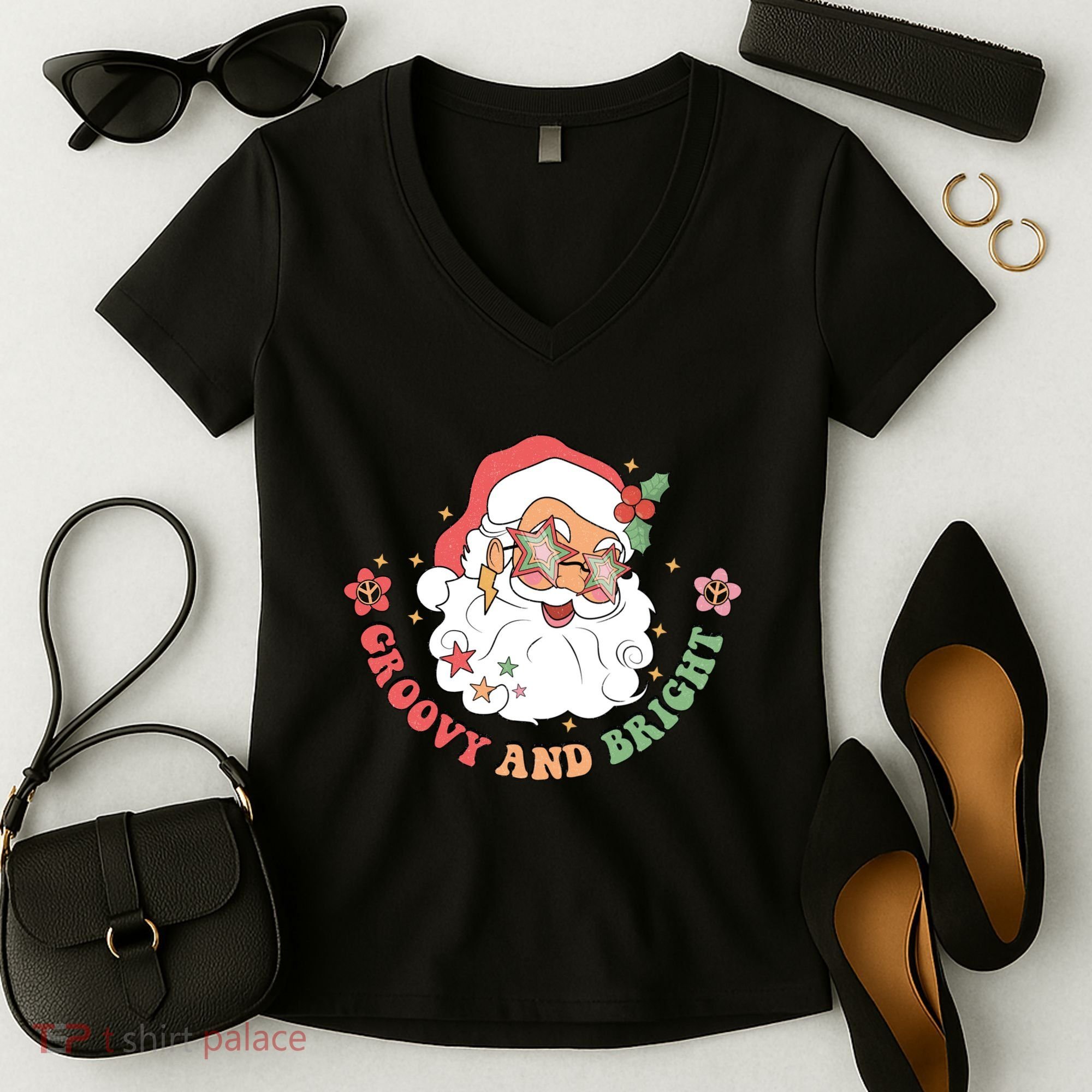 Groovy And Bright Santa Claus Christmas Women's V-Neck T-Shirt