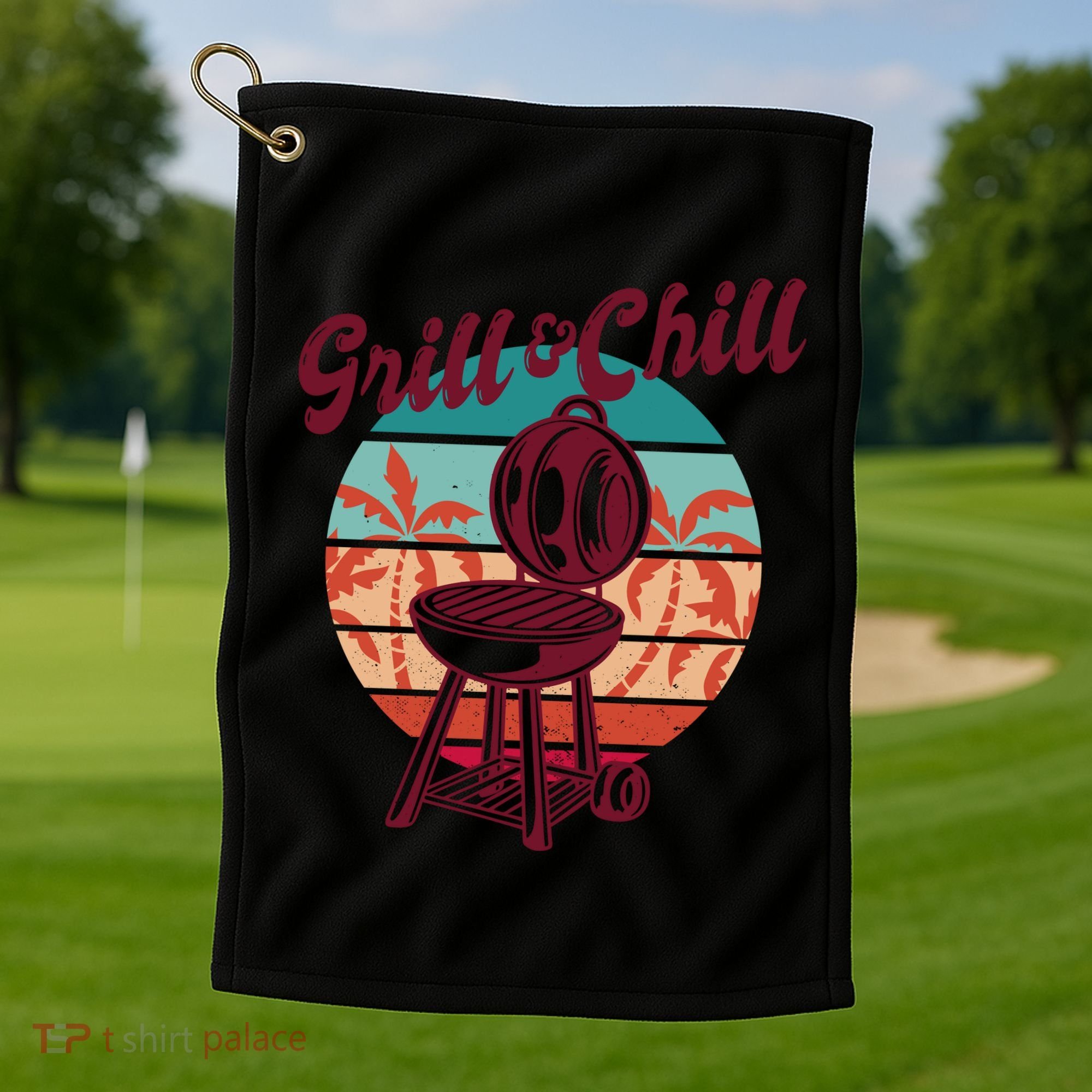 Grill And Chill Vacation Retro Sunset Golf Towel