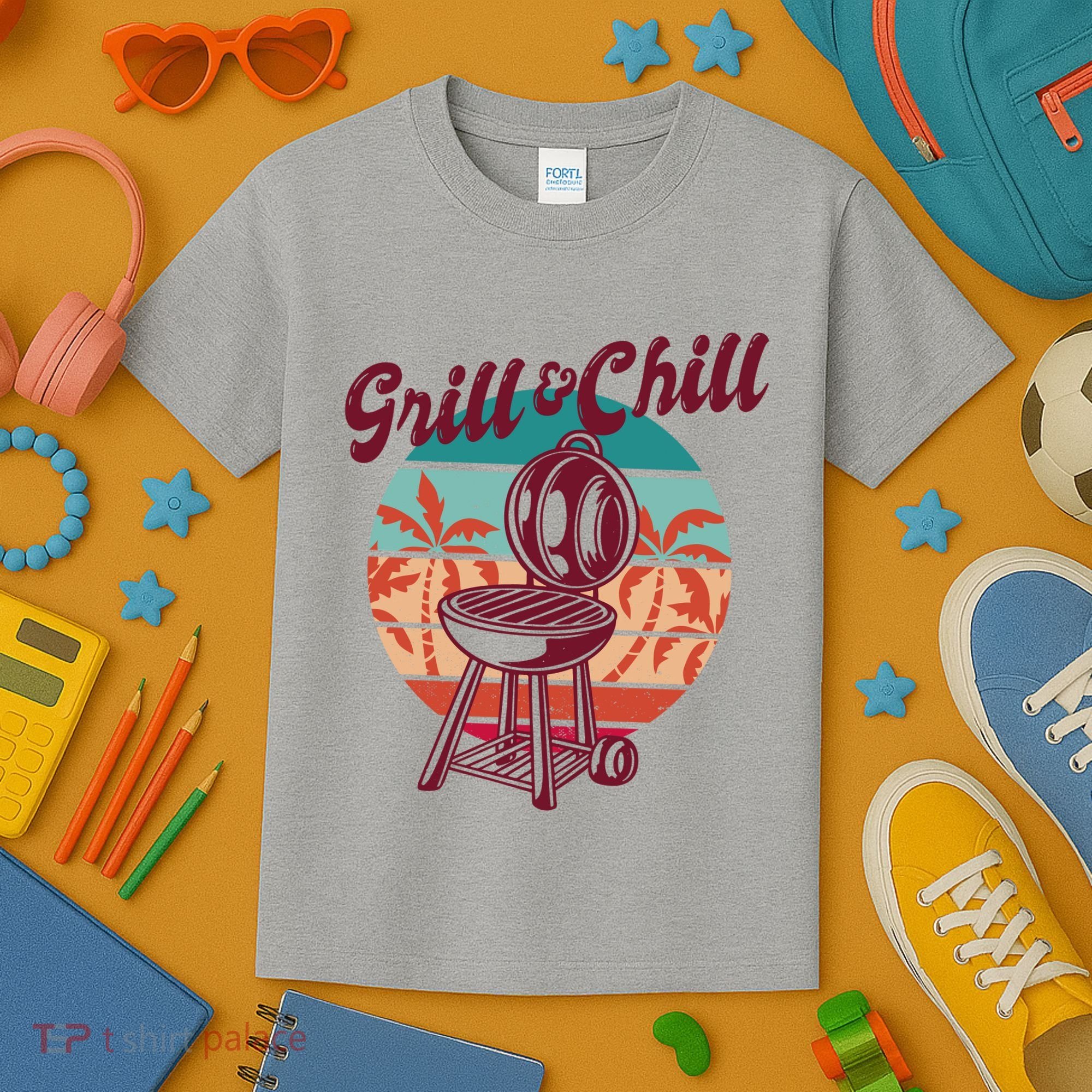 Grill And Chill Vacation Retro Sunset Kids T-Shirt