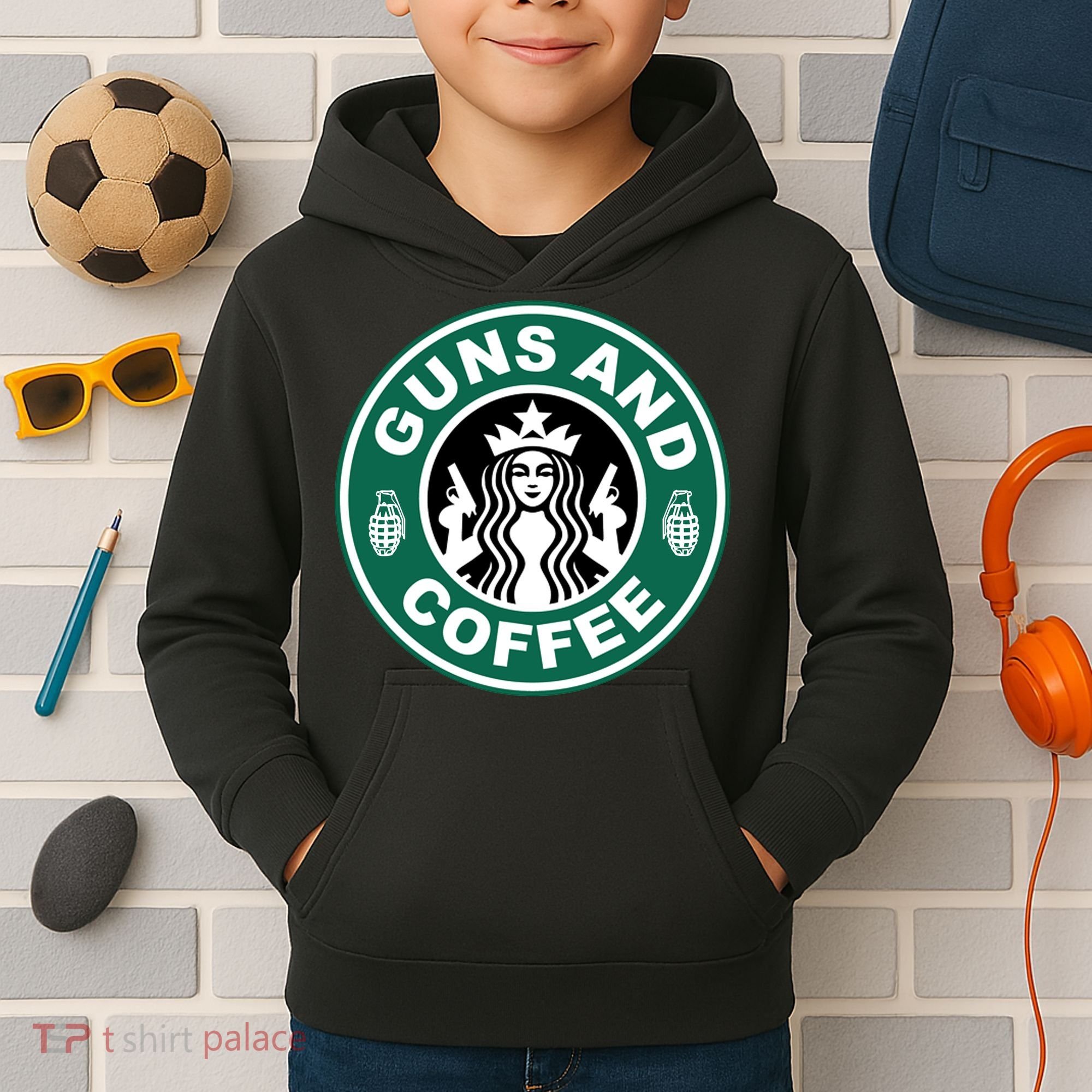 Guns And Coffee Parody Kids Hoodie