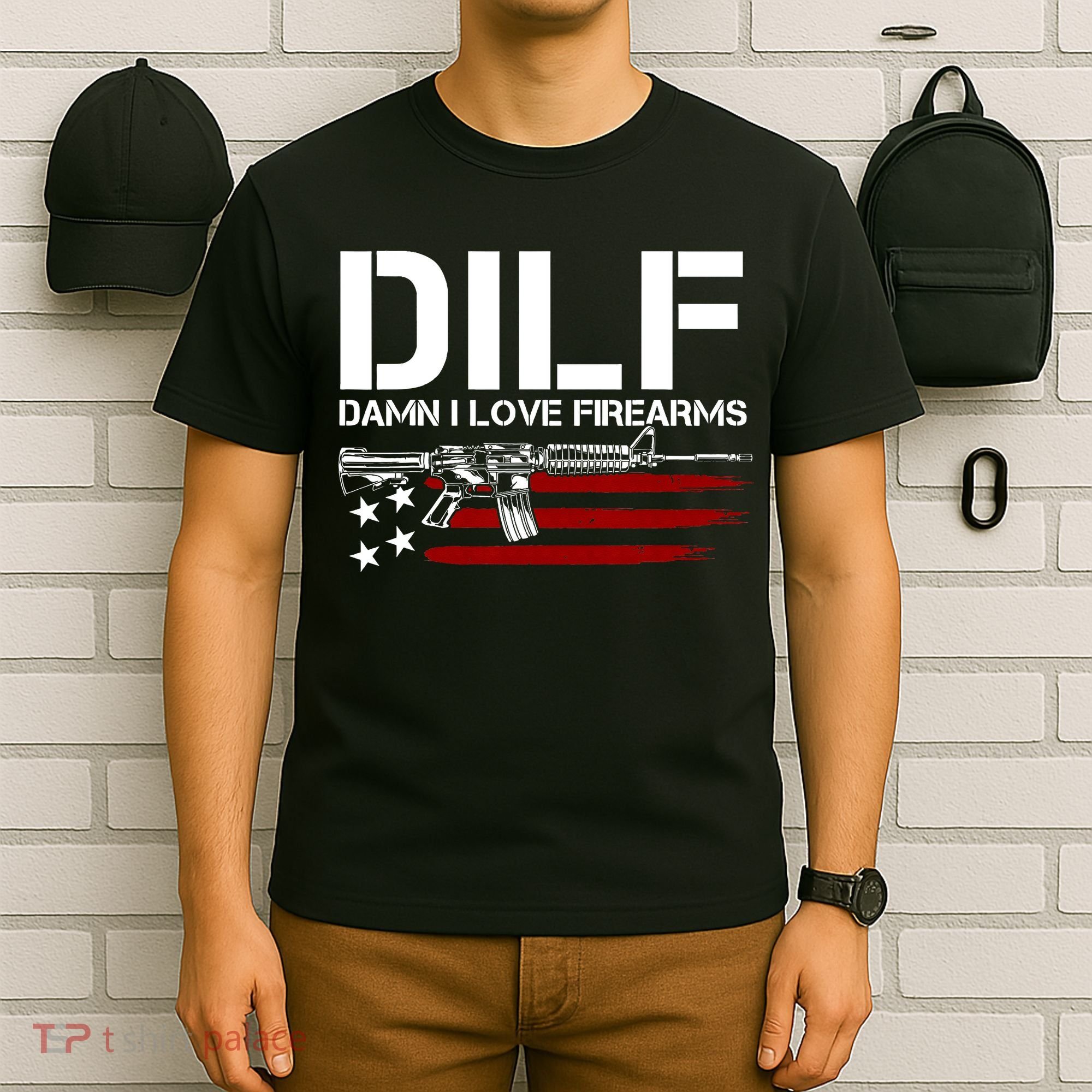 Gun American Flag DILF Damn I Love Firearms T-Shirt