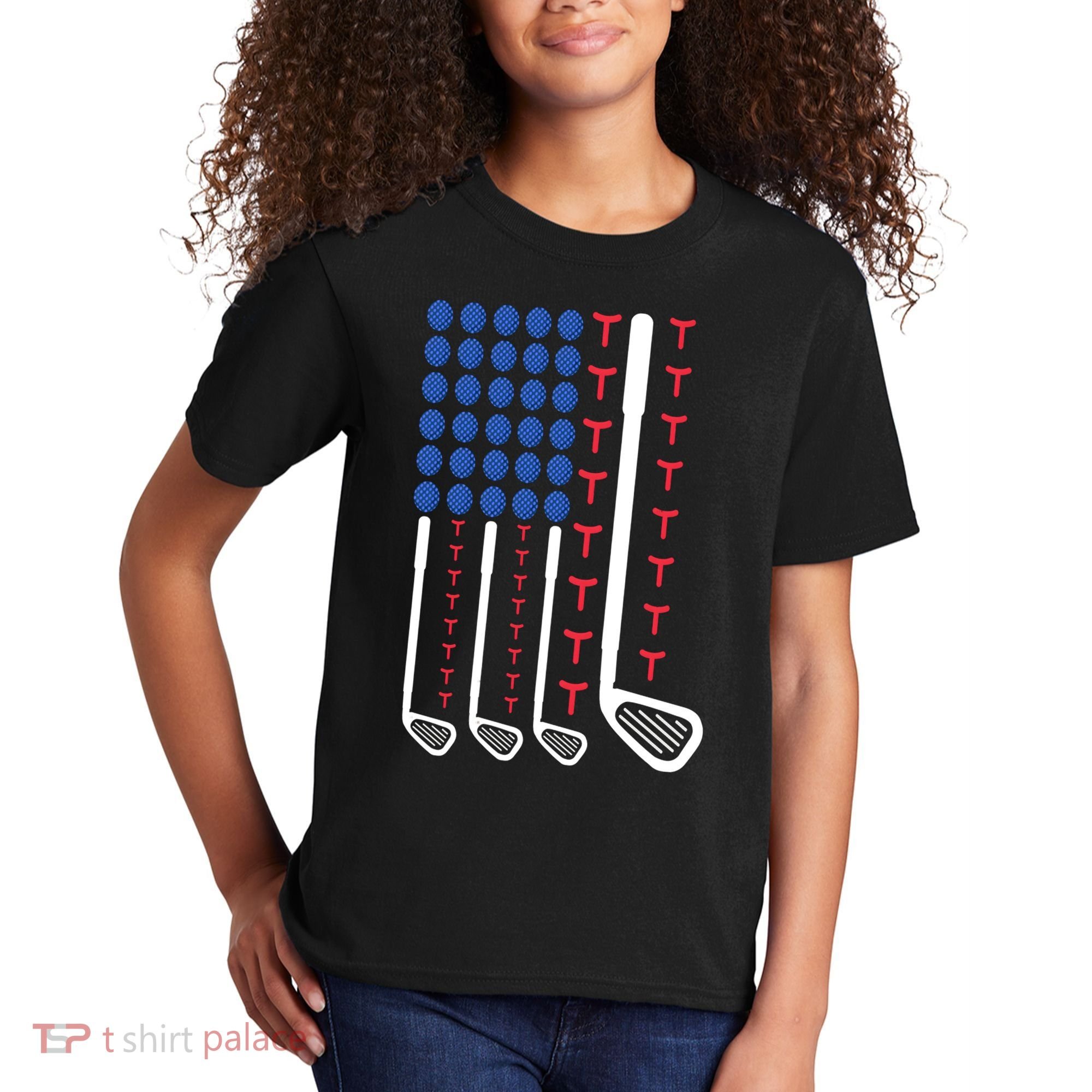 Golf American Flag Golfing Gift For Father's Day Kids T-Shirt