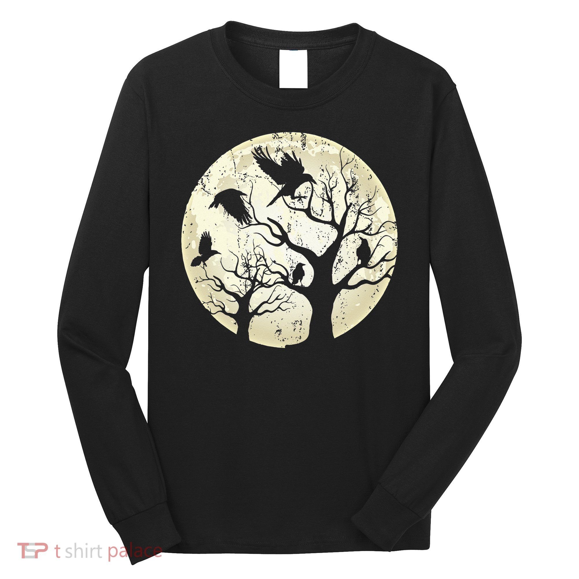 Gothic Animal Forest Bird Raven Creepy Night Moonlight Crow Long Sleeve Shirt