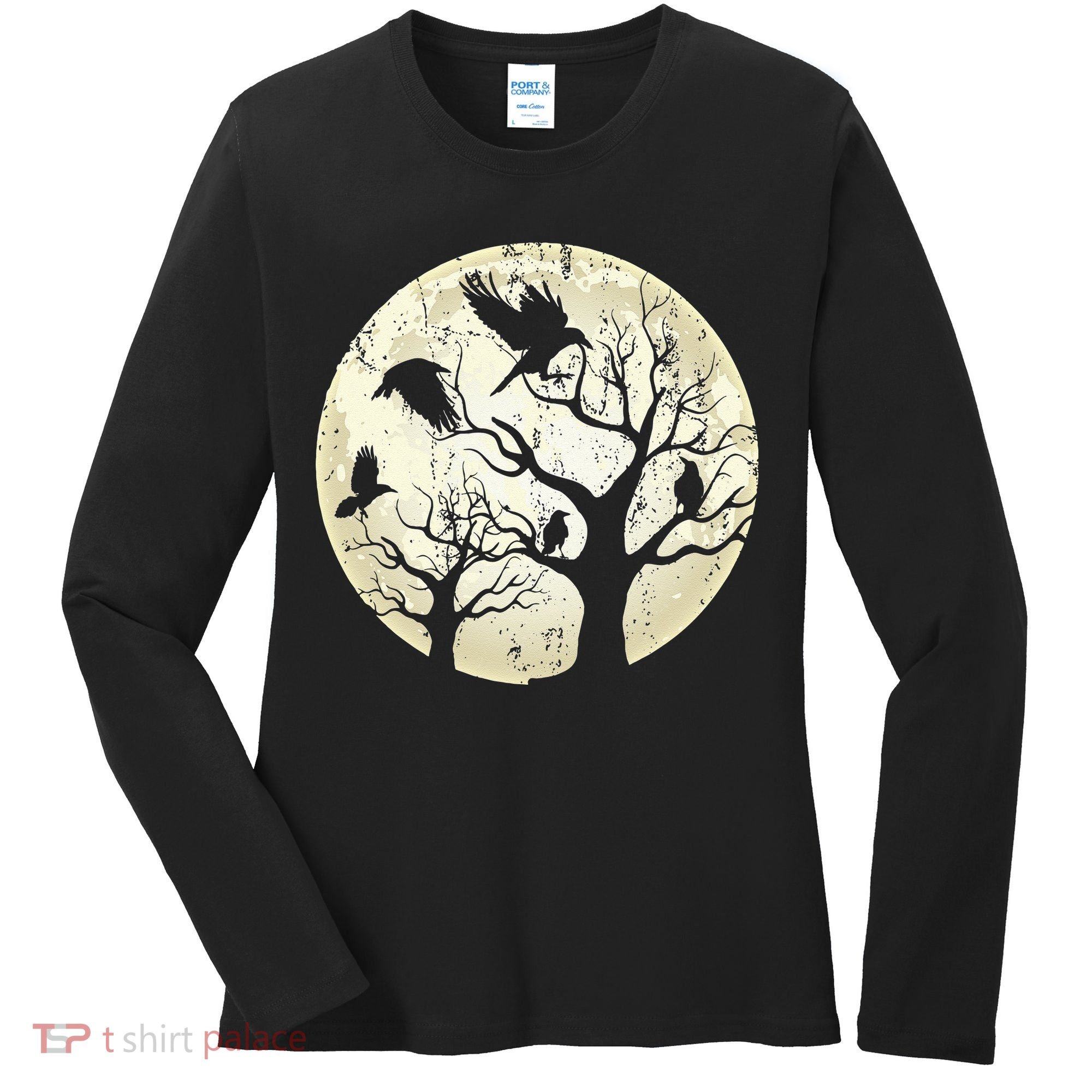 Gothic Animal Forest Bird Raven Creepy Night Moonlight Crow Women's Long Sleeve Shirt