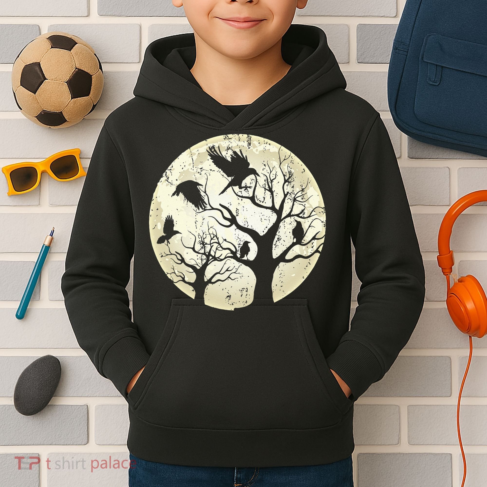 Gothic Animal Forest Bird Raven Creepy Night Moonlight Crow Kids Hoodie