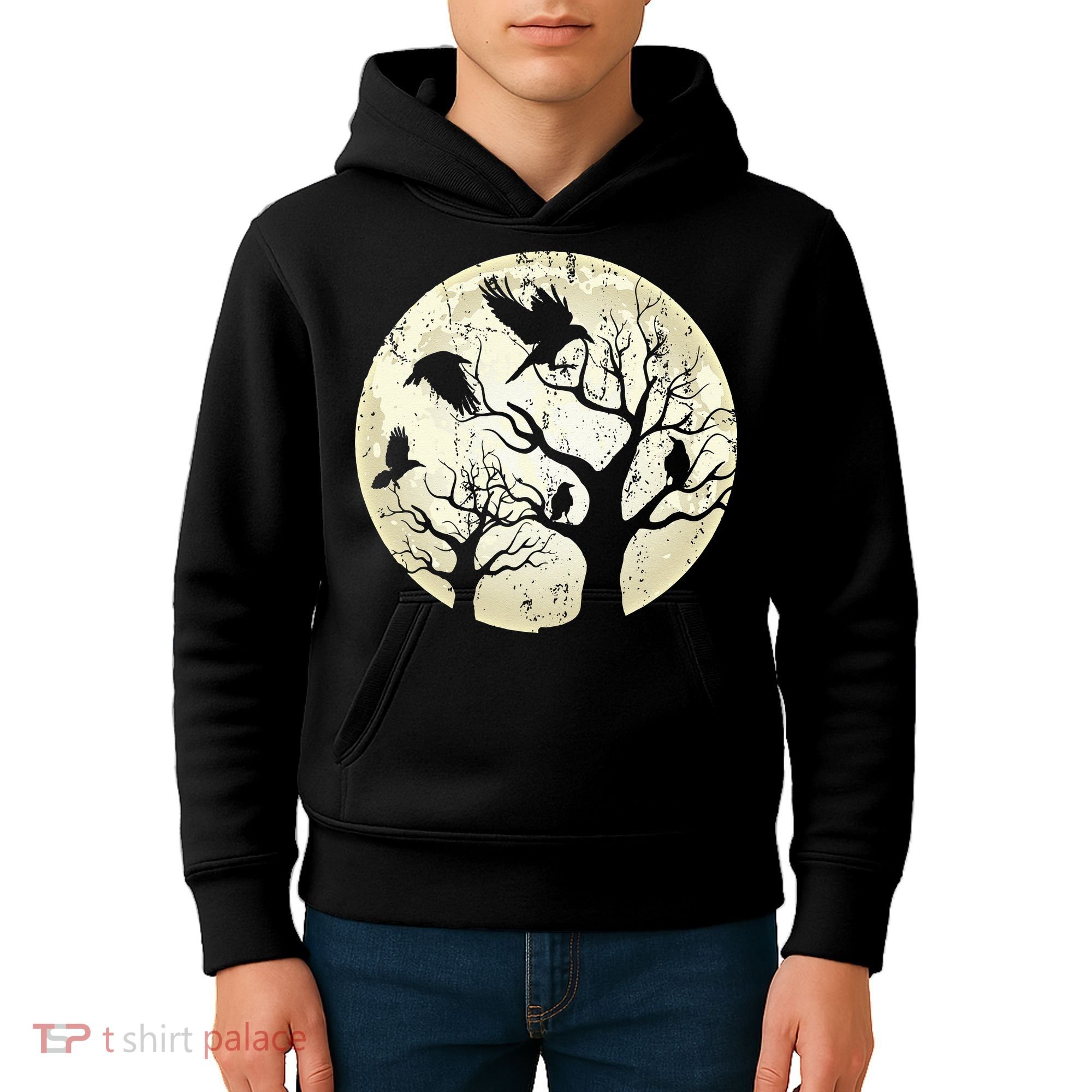 Gothic Animal Forest Bird Raven Creepy Night Moonlight Crow Kids Hoodie