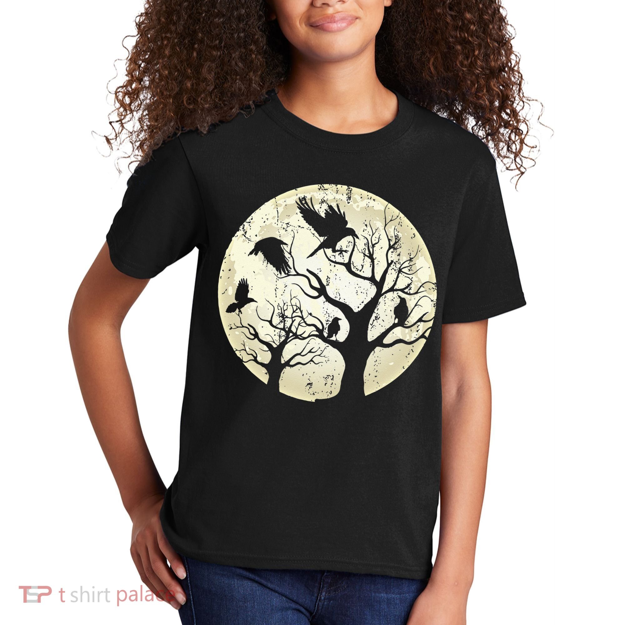 Gothic Animal Forest Bird Raven Creepy Night Moonlight Crow Kids T-Shirt