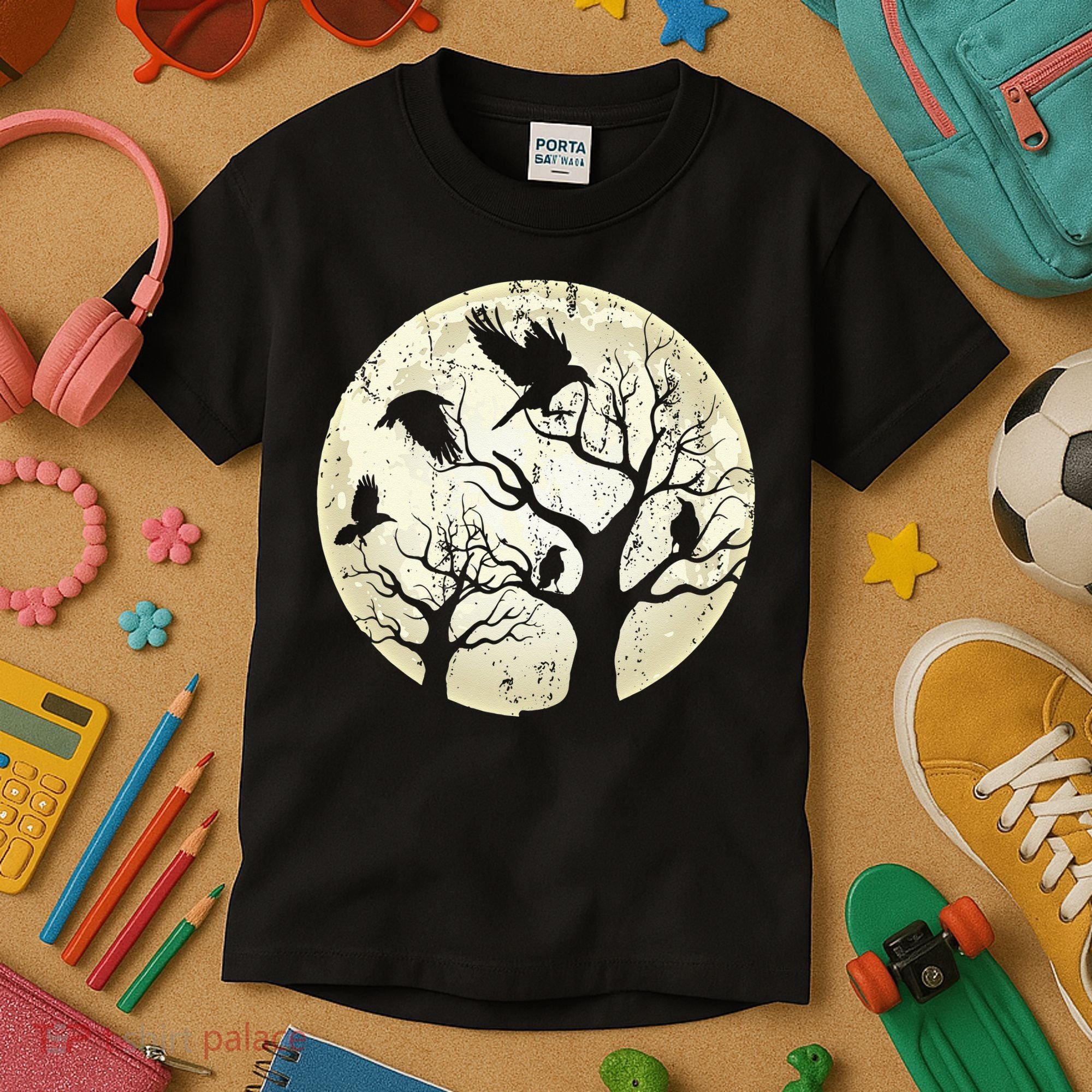 Gothic Animal Forest Bird Raven Creepy Night Moonlight Crow Kids T-Shirt