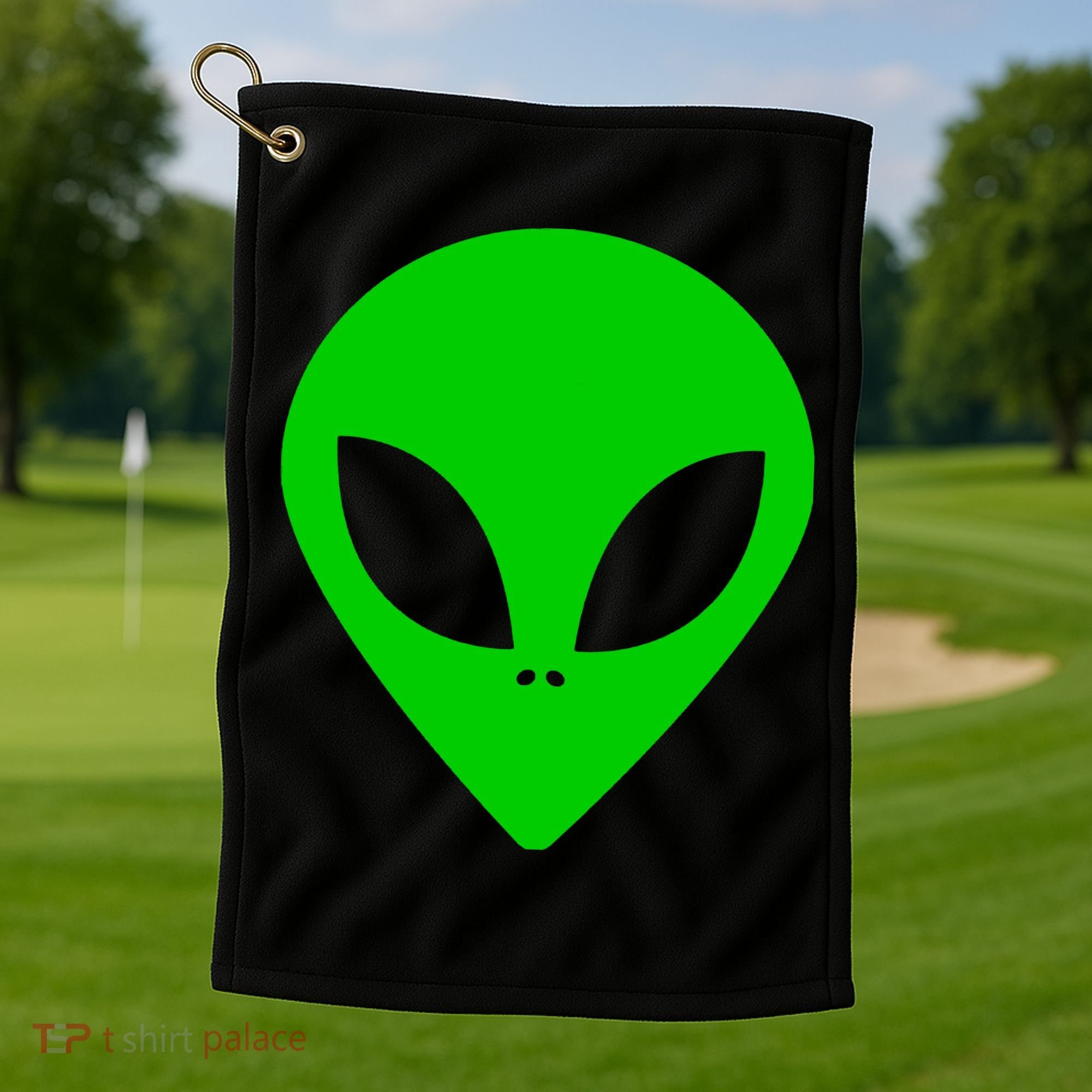 Green Alien Face Green Golf Towel