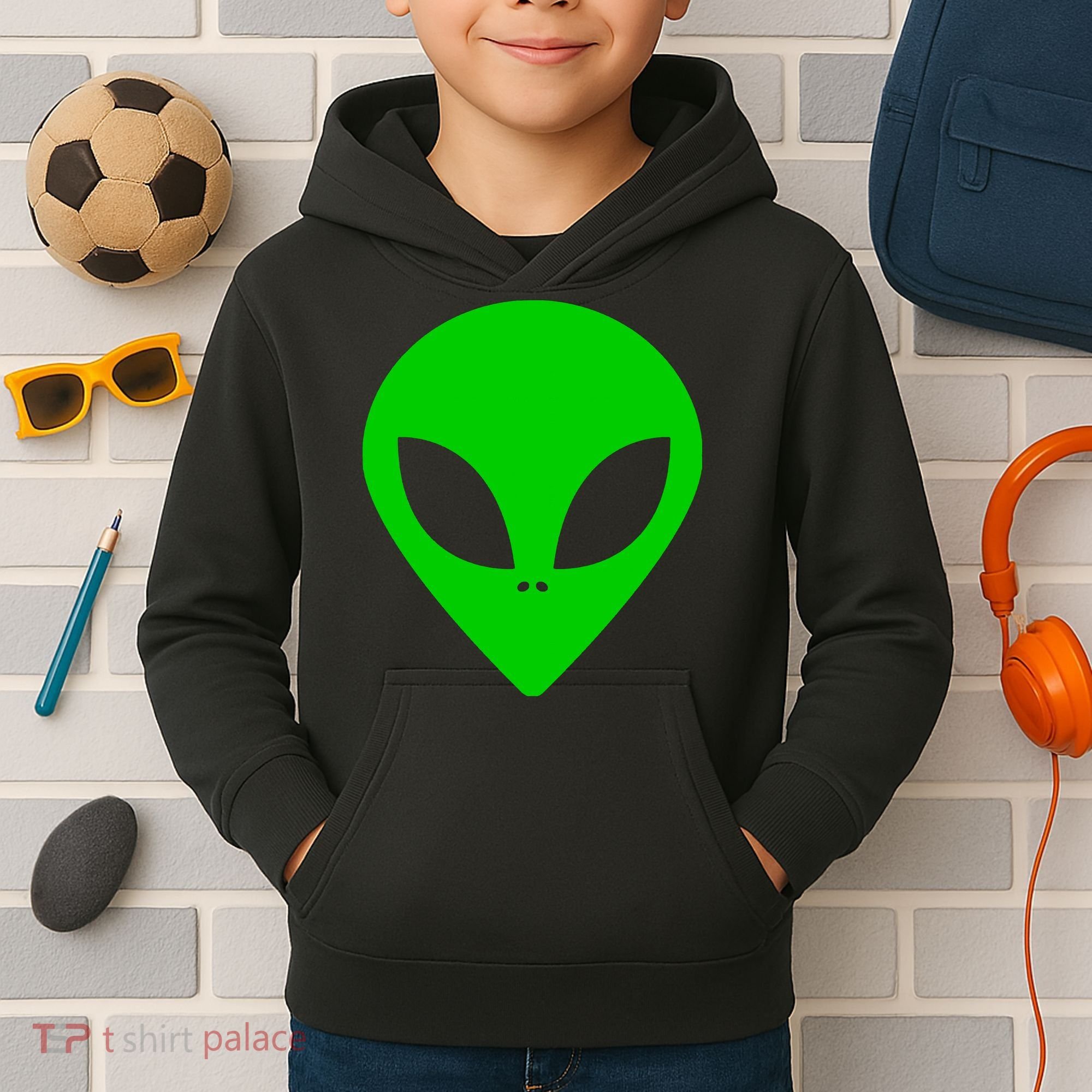 Green Alien Face Green Kids Hoodie