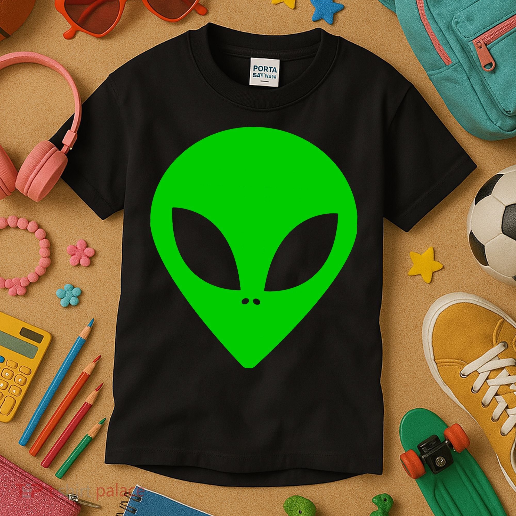 Green Alien Face Green Kids T-Shirt