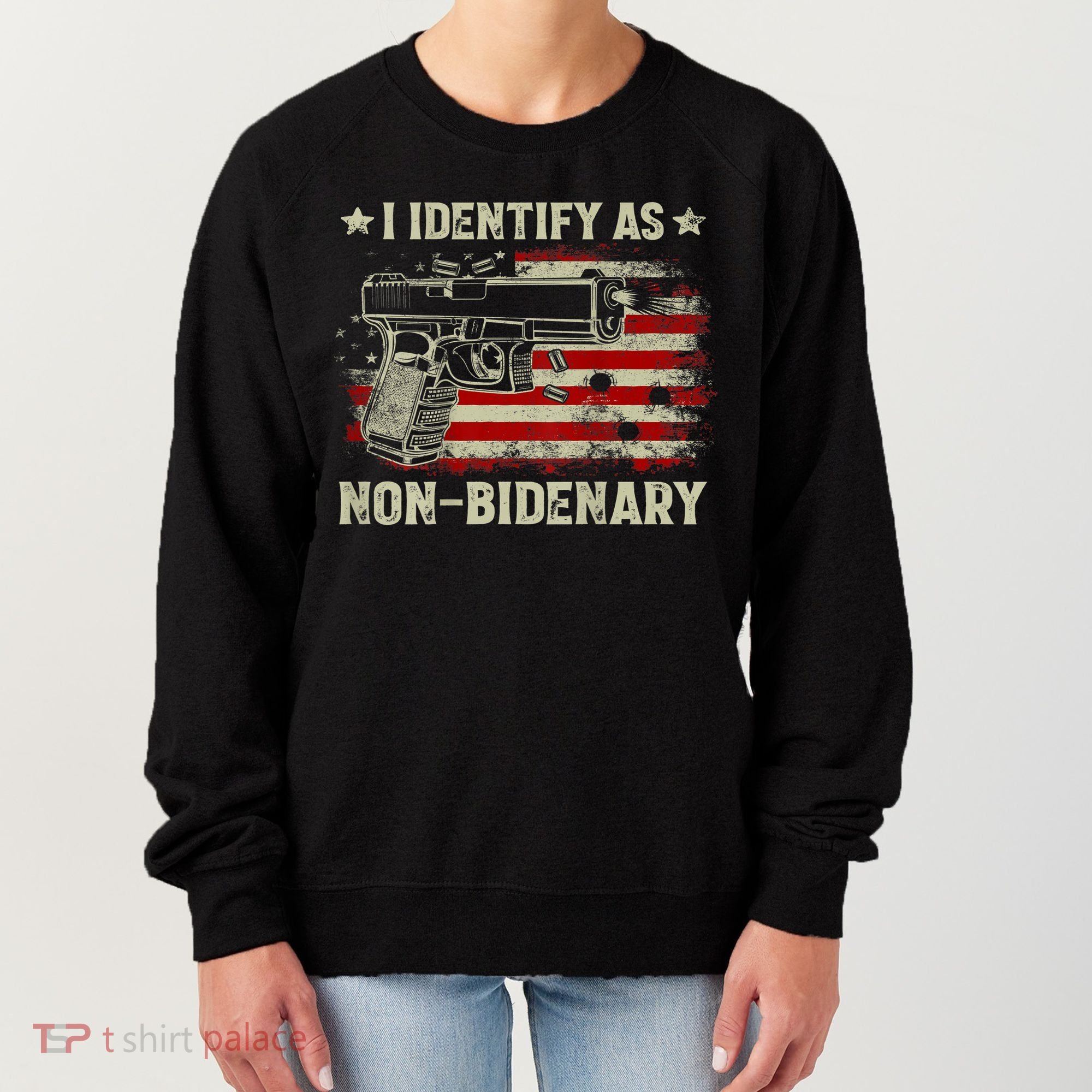 Gun American Flag Funny I Identify As NonBidenary Women's Sweatshirt