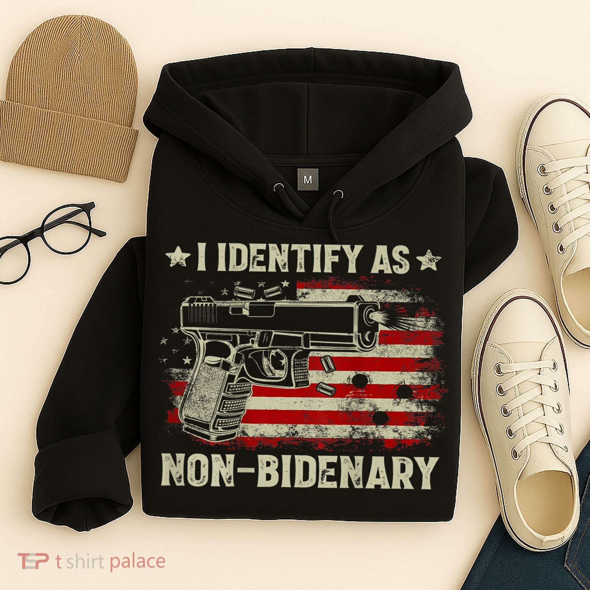 Gun American Flag Funny I Identify As NonBidenary Hoodie