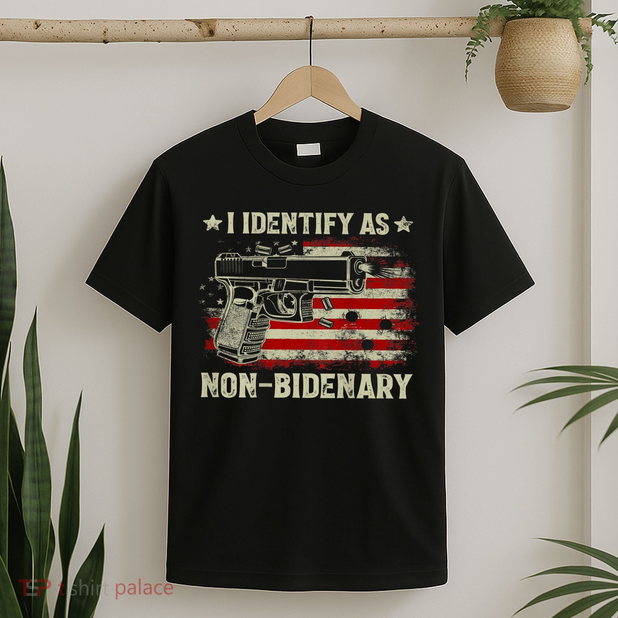 Gun American Flag Funny I Identify As NonBidenary T-Shirt