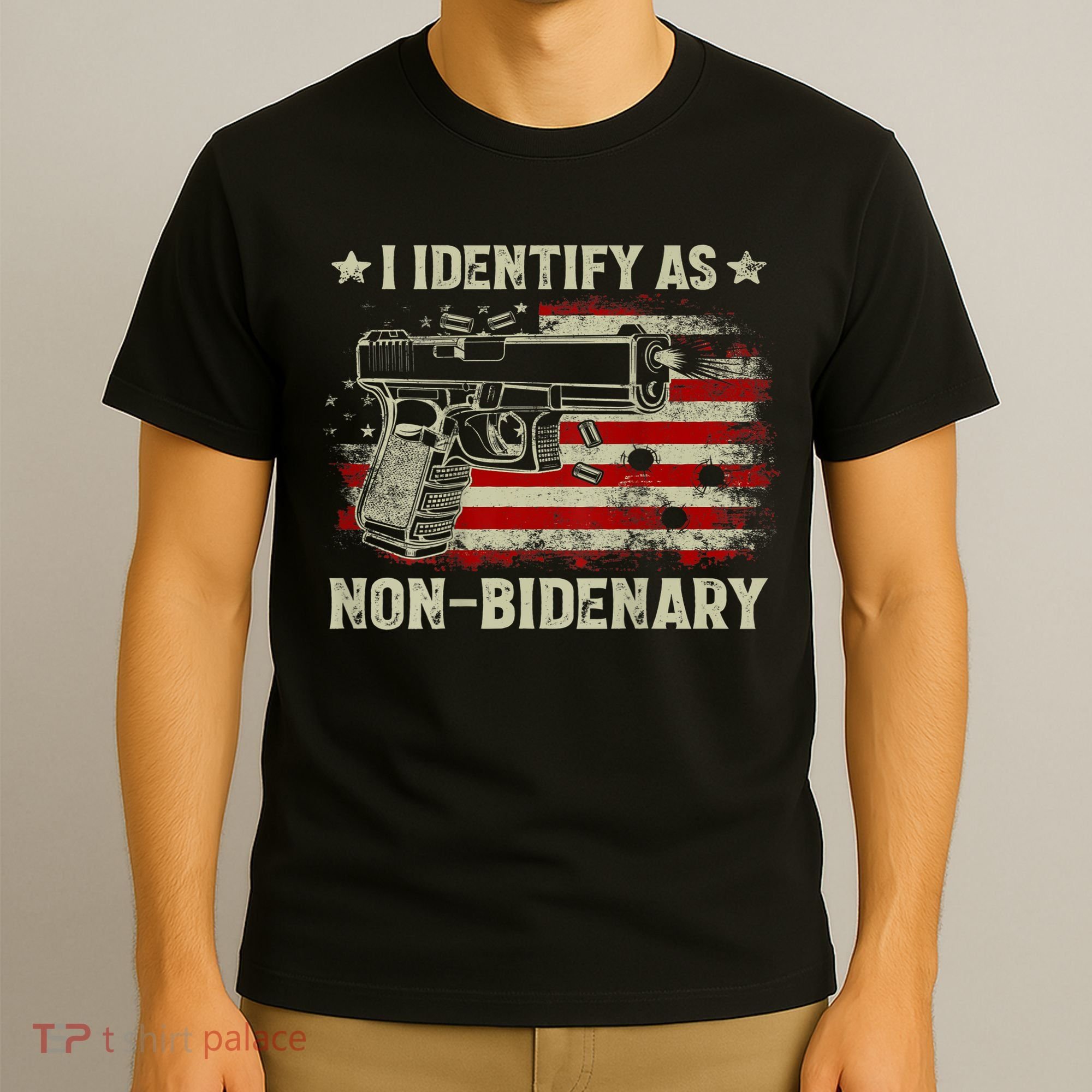 Gun American Flag Funny I Identify As NonBidenary T-Shirt
