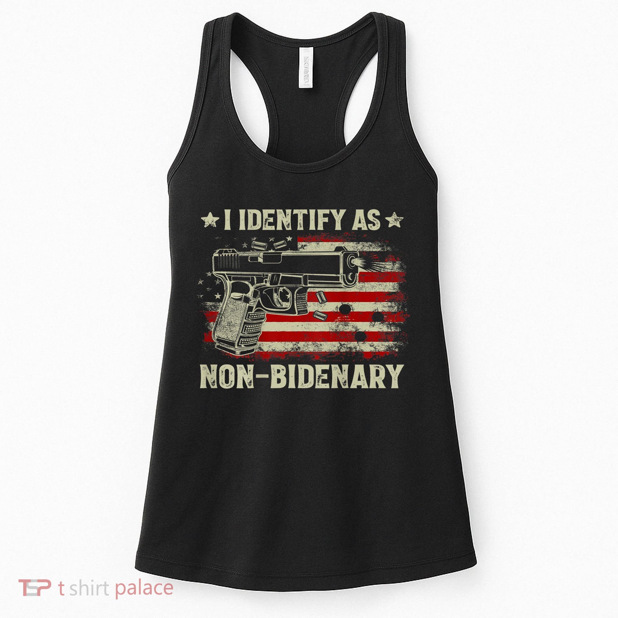 Gun American Flag Funny I Identify As NonBidenary Women's Tank Top