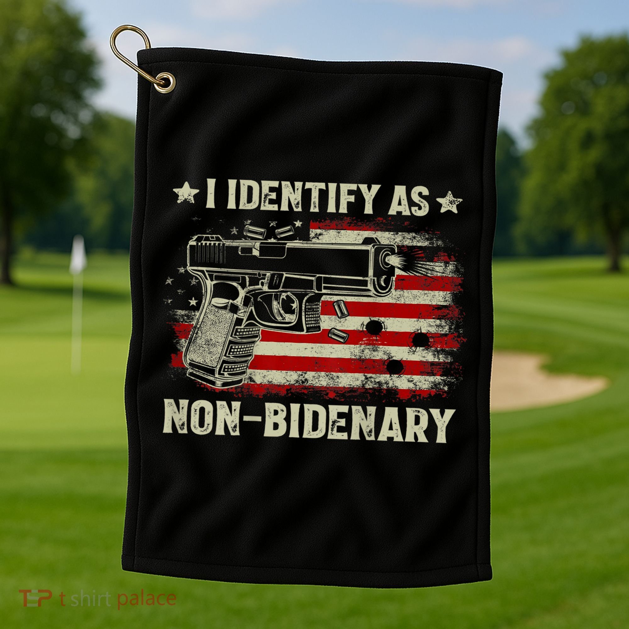 Gun American Flag Funny I Identify As NonBidenary Golf Towel