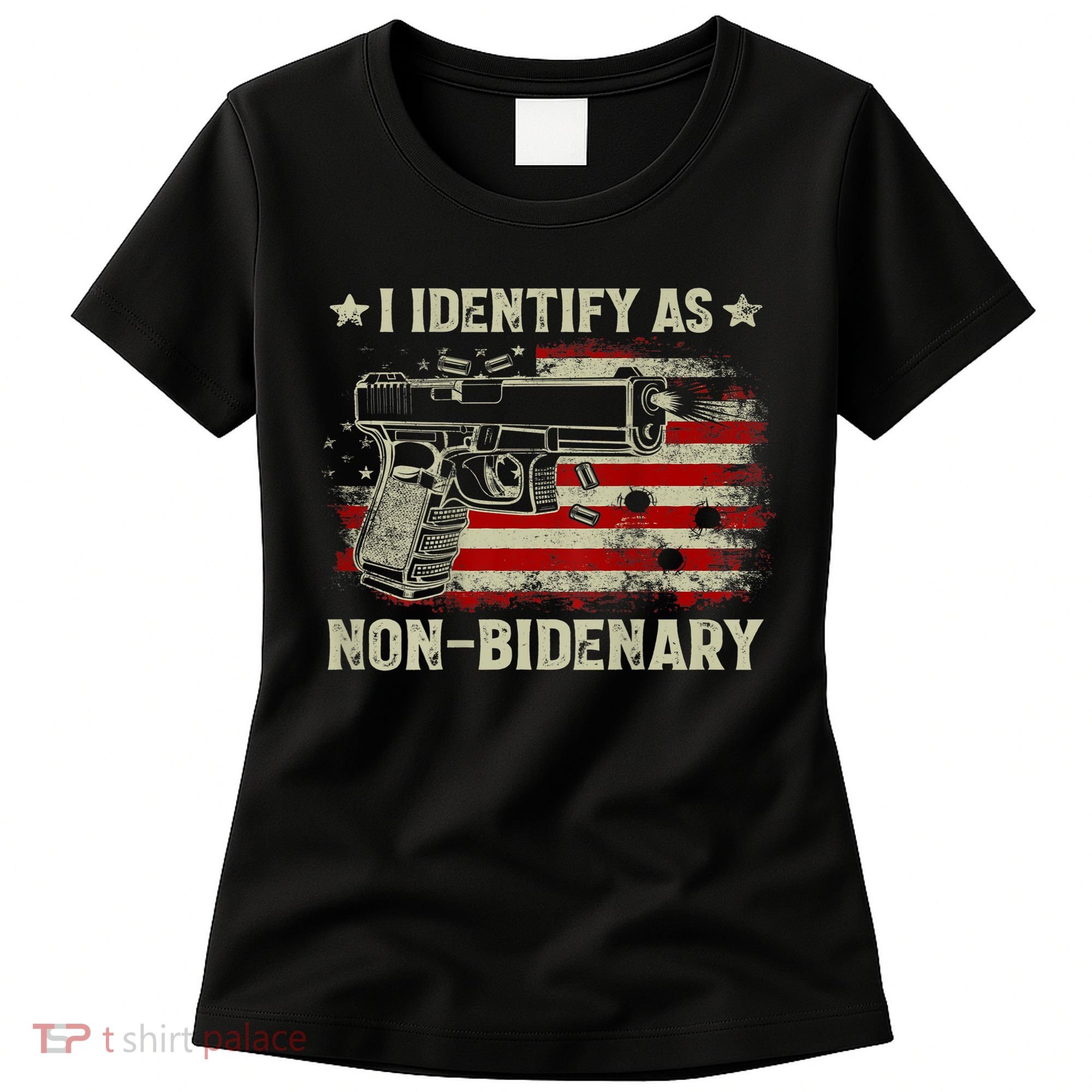 Gun American Flag Funny I Identify As NonBidenary Women's T-Shirt