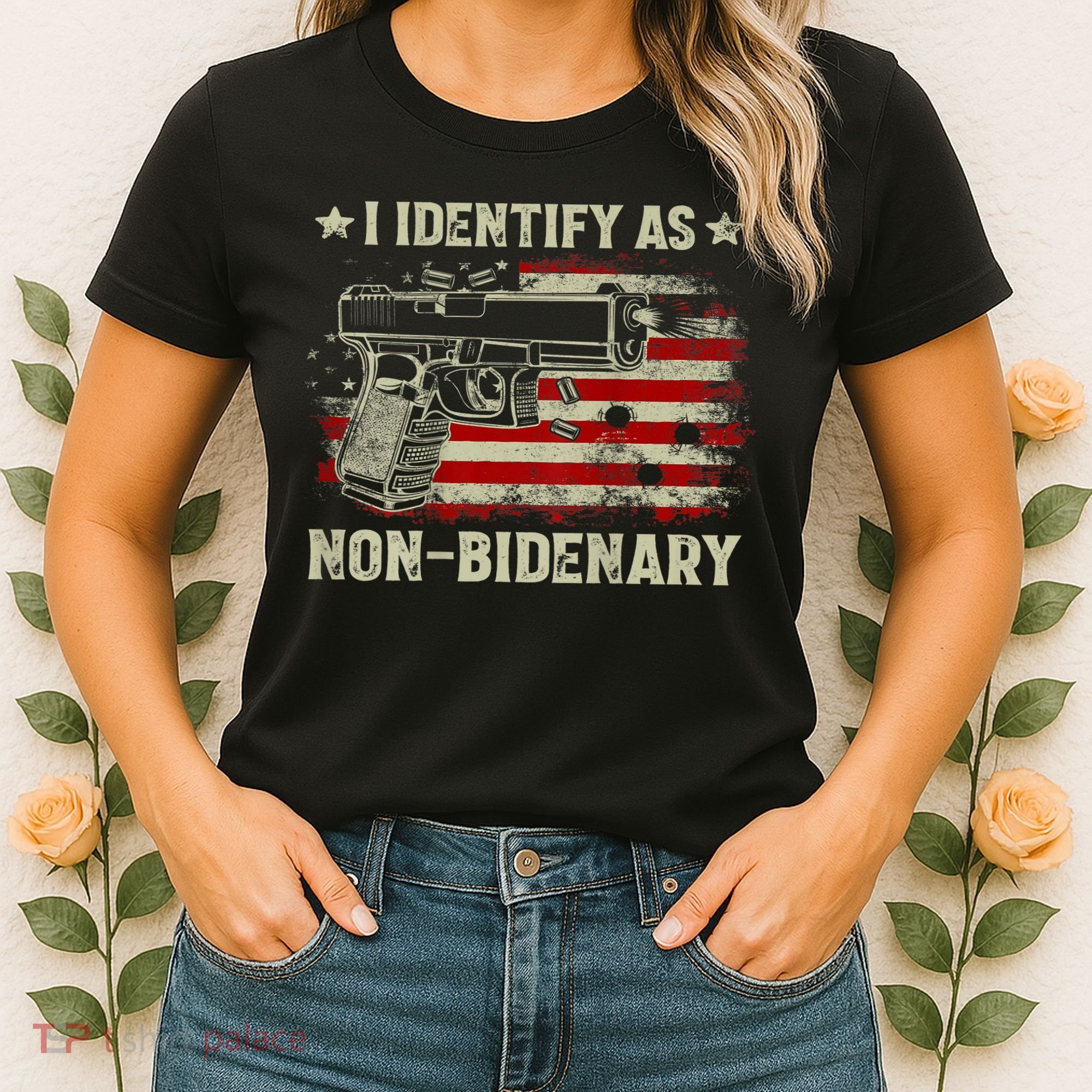 Gun American Flag Funny I Identify As NonBidenary Women's T-Shirt