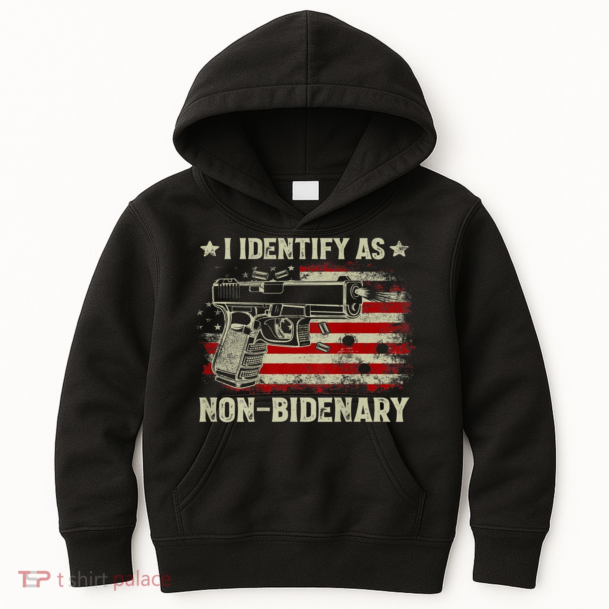 Gun American Flag Funny I Identify As NonBidenary Kids Hoodie