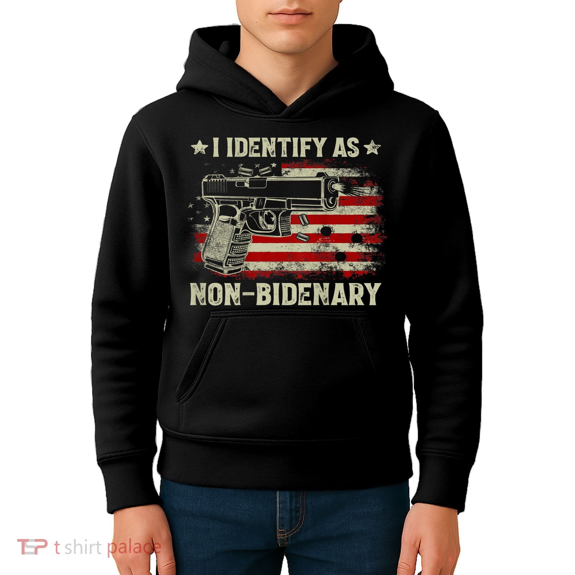Gun American Flag Funny I Identify As NonBidenary Kids Hoodie