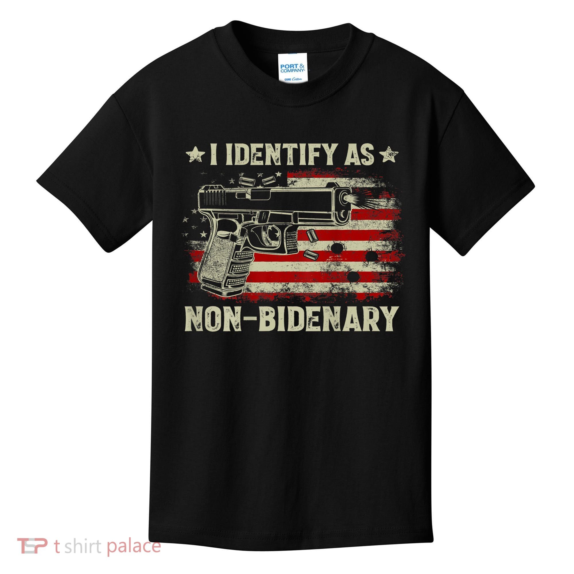 Gun American Flag Funny I Identify As NonBidenary Kids T-Shirt