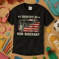 Gun American Flag Funny I Identify As NonBidenary Kids T-Shirt thumb 3