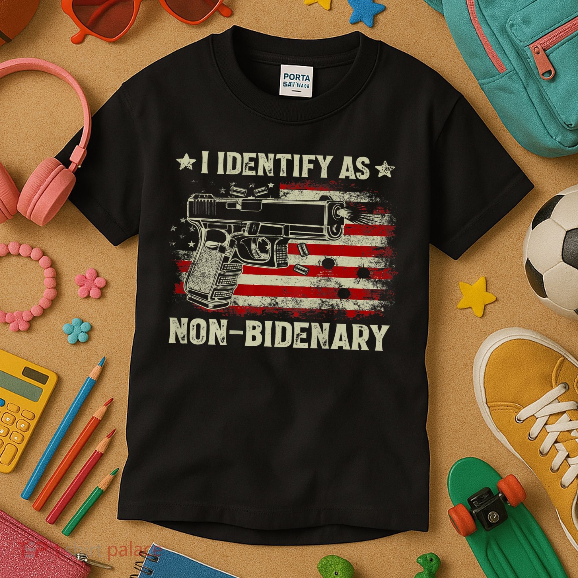 Gun American Flag Funny I Identify As NonBidenary Kids T-Shirt