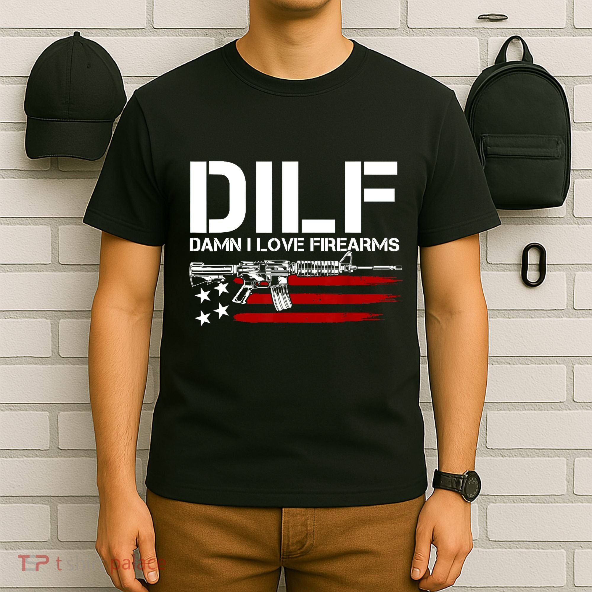 Gun American Flag DILF Damn I Love Firearms T-Shirt