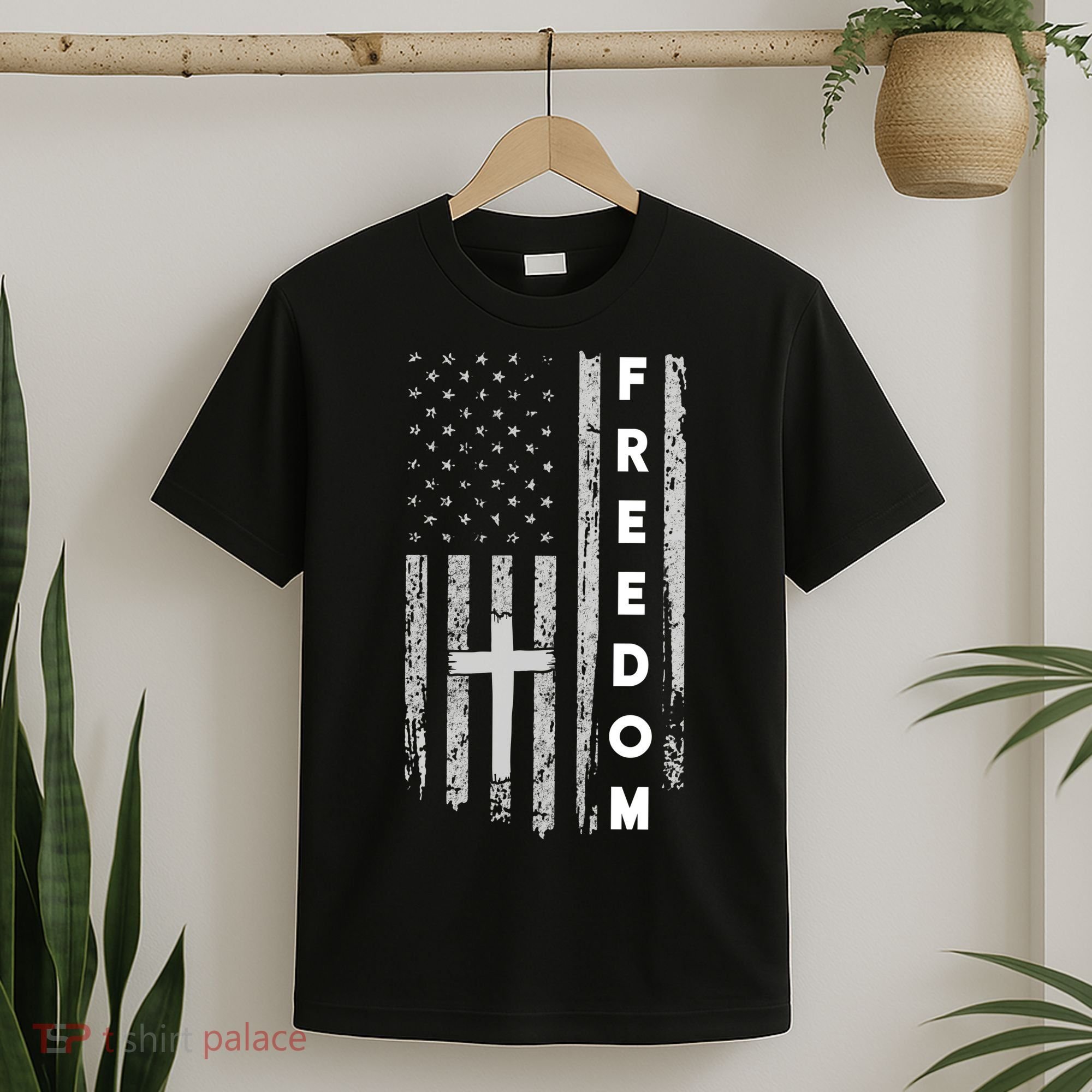 Grunge American Flag Cross Faith Family Freedom T-Shirt
