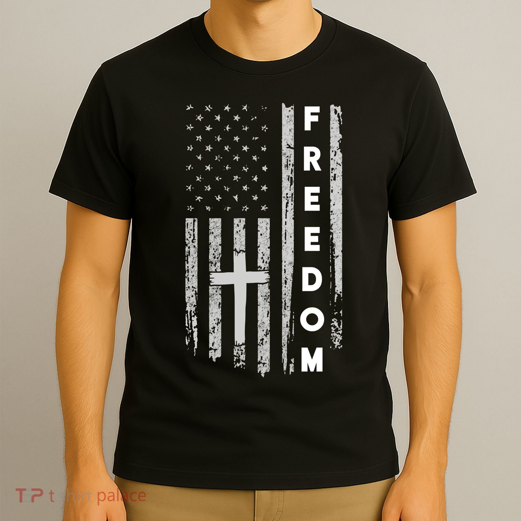 Grunge American Flag Cross Faith Family Freedom T-Shirt