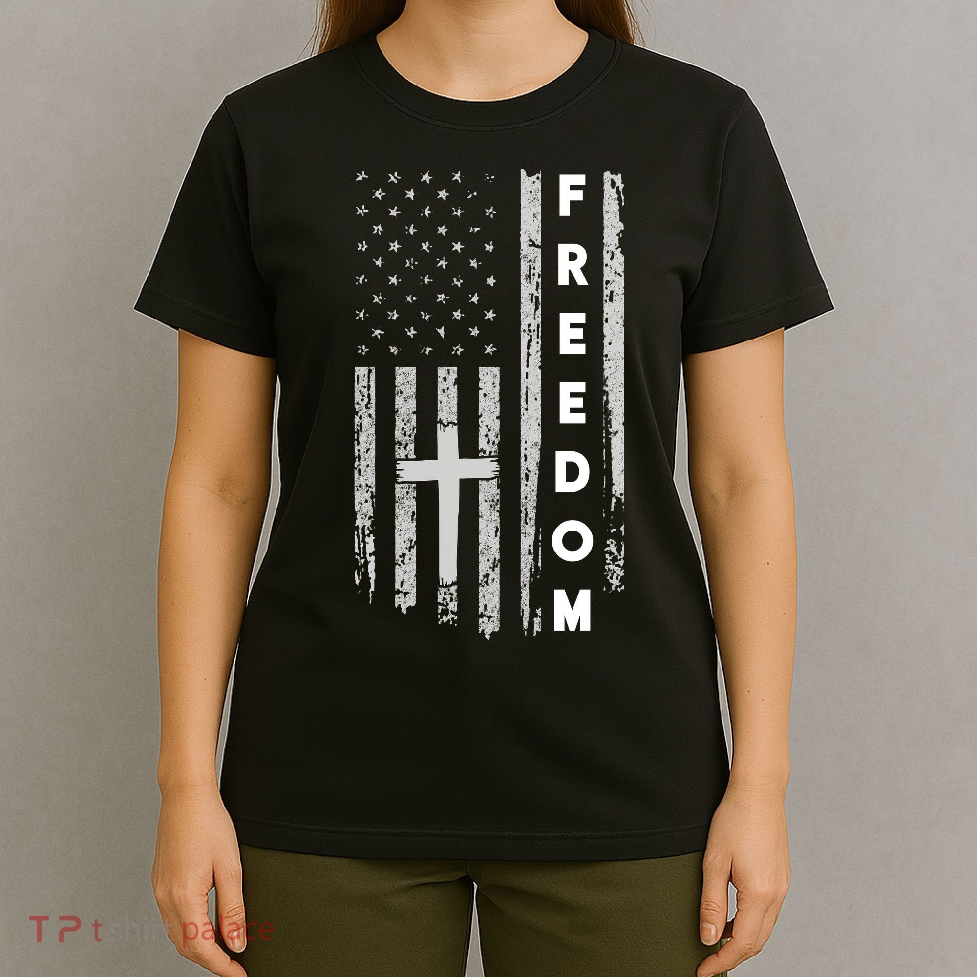 Grunge American Flag Cross Faith Family Freedom T-Shirt