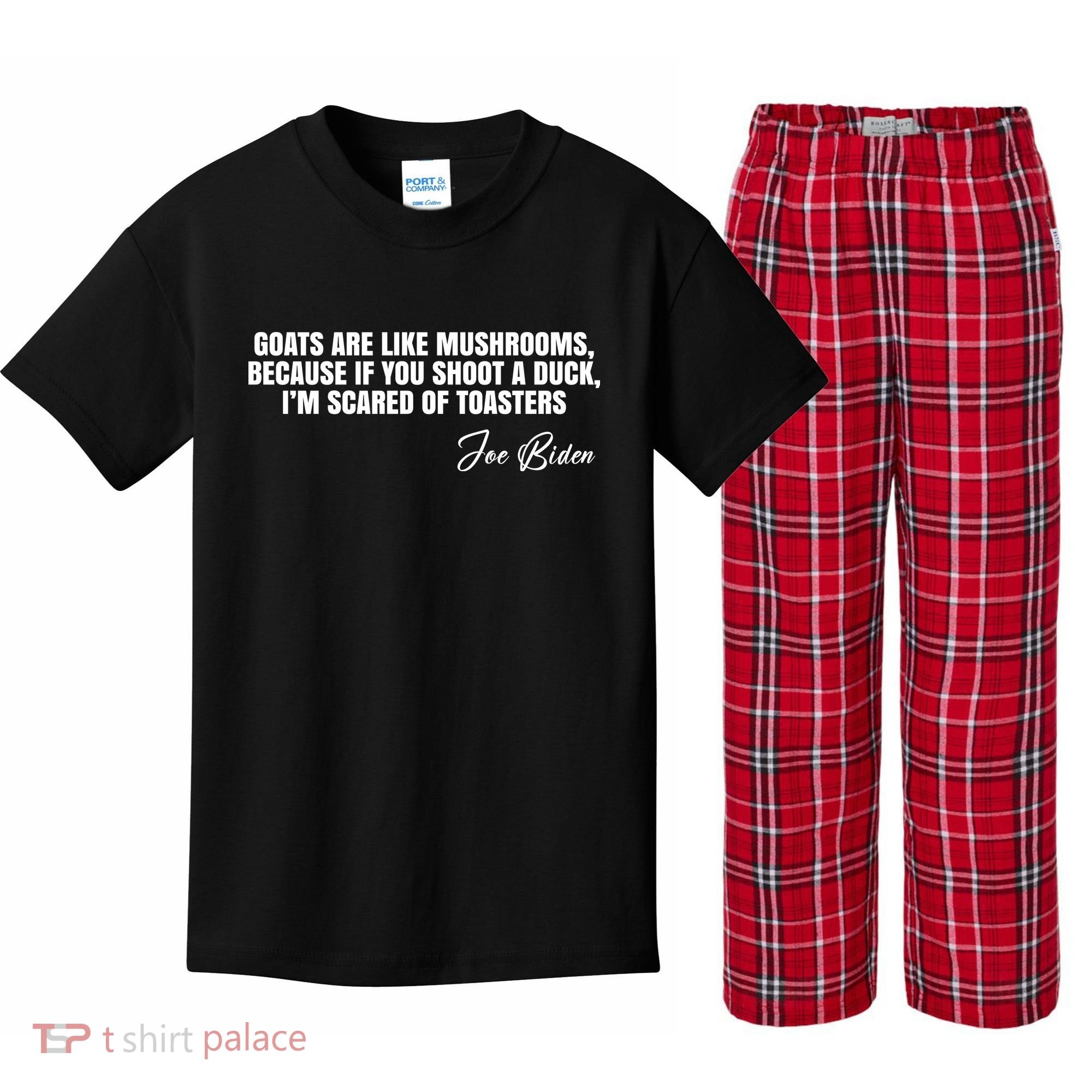 Goats Are Like Mushrooms Funny Joe Biden Quote Kids Plaid Pajama Set