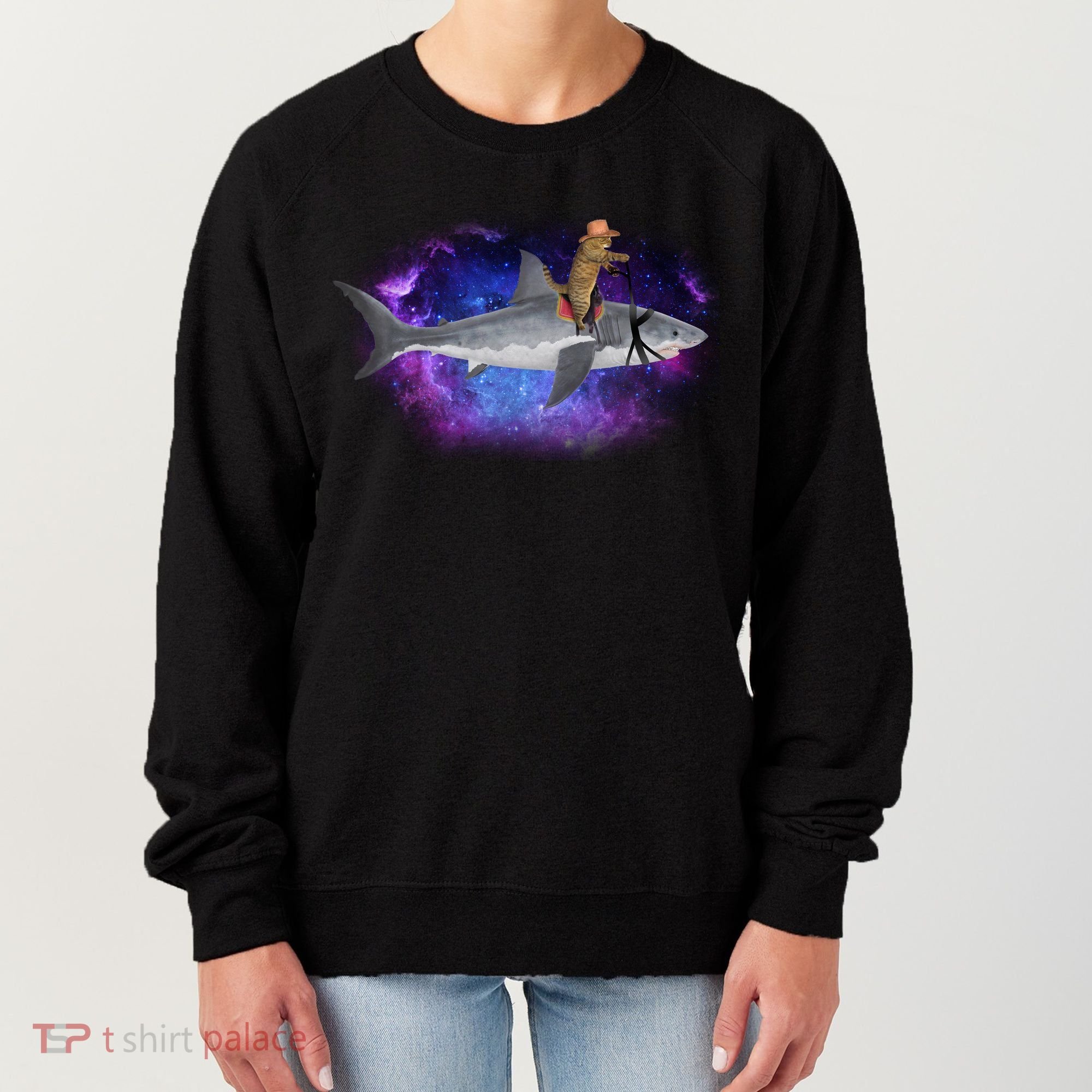 Galaxy Cat Riding Shark Women's Sweatshirt