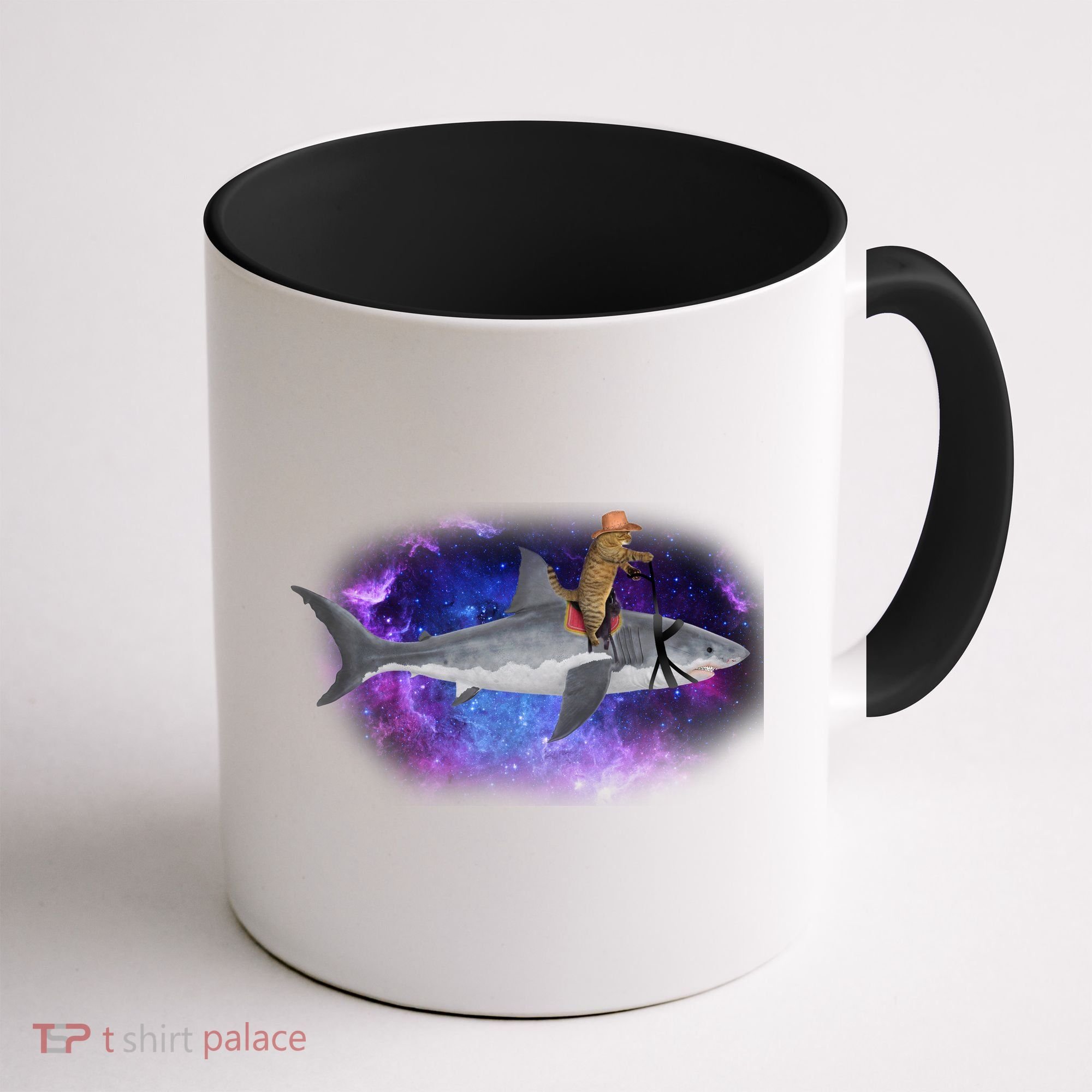 Galaxy Cat Riding Shark Coffee Mug