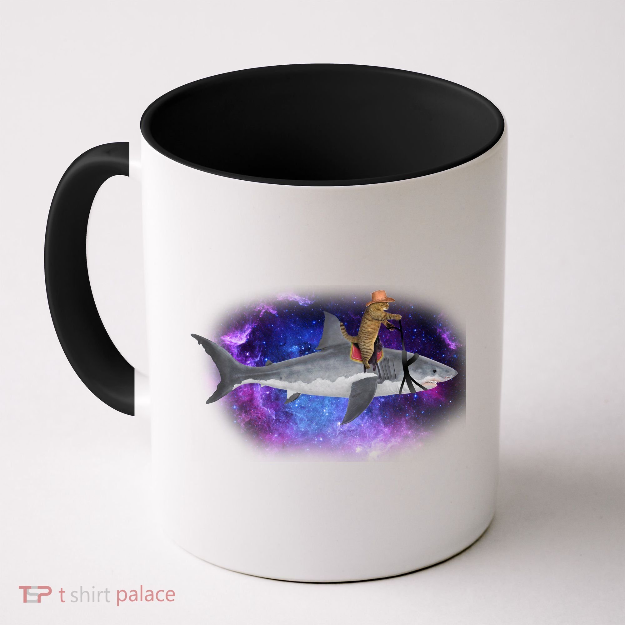 Galaxy Cat Riding Shark Coffee Mug