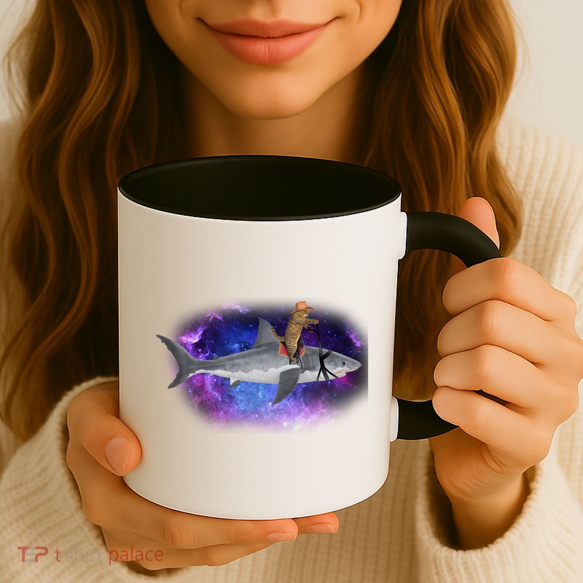 Galaxy Cat Riding Shark Coffee Mug
