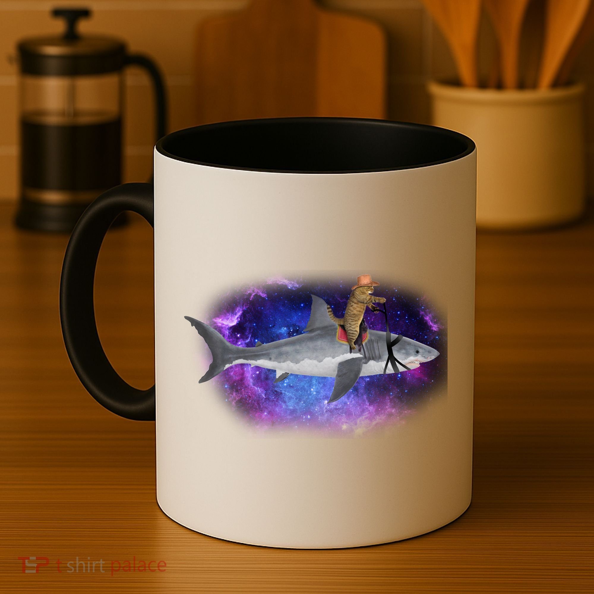 Galaxy Cat Riding Shark Coffee Mug