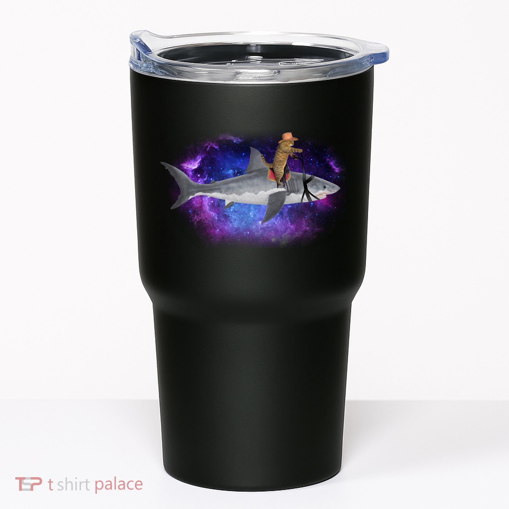 Galaxy Cat Riding Shark Tumbler
