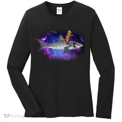 Galaxy Cat Riding Shark Women's Long Sleeve Shirt