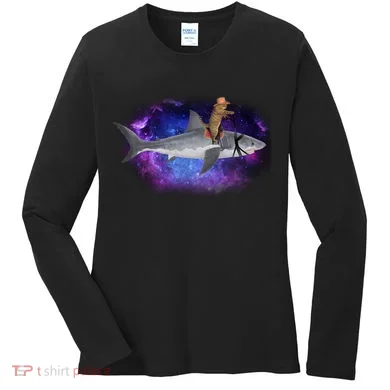 Galaxy Cat Riding Shark Women's Long Sleeve Shirt