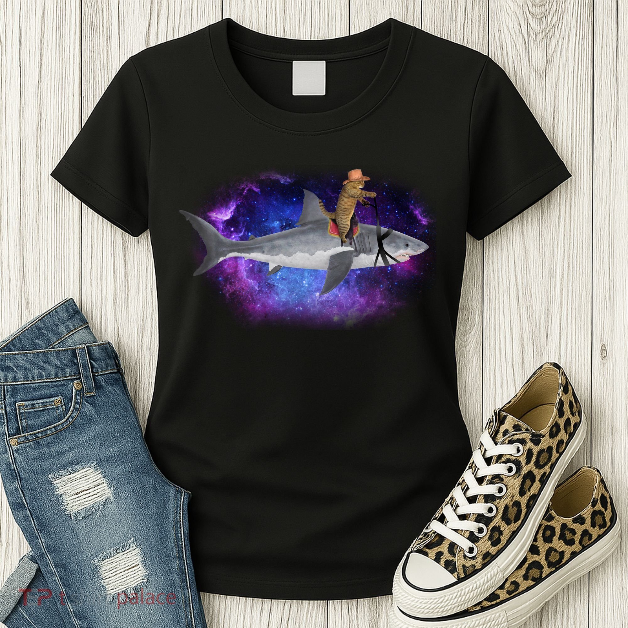 Galaxy Cat Riding Shark Women's T-Shirt