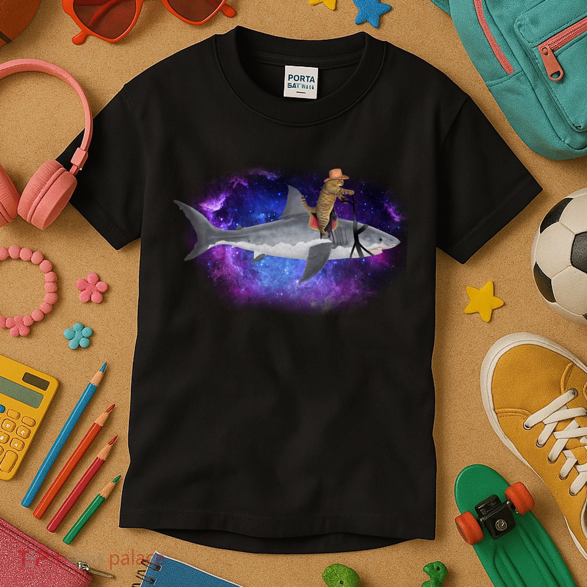 Galaxy Cat Riding Shark Kids T-Shirt