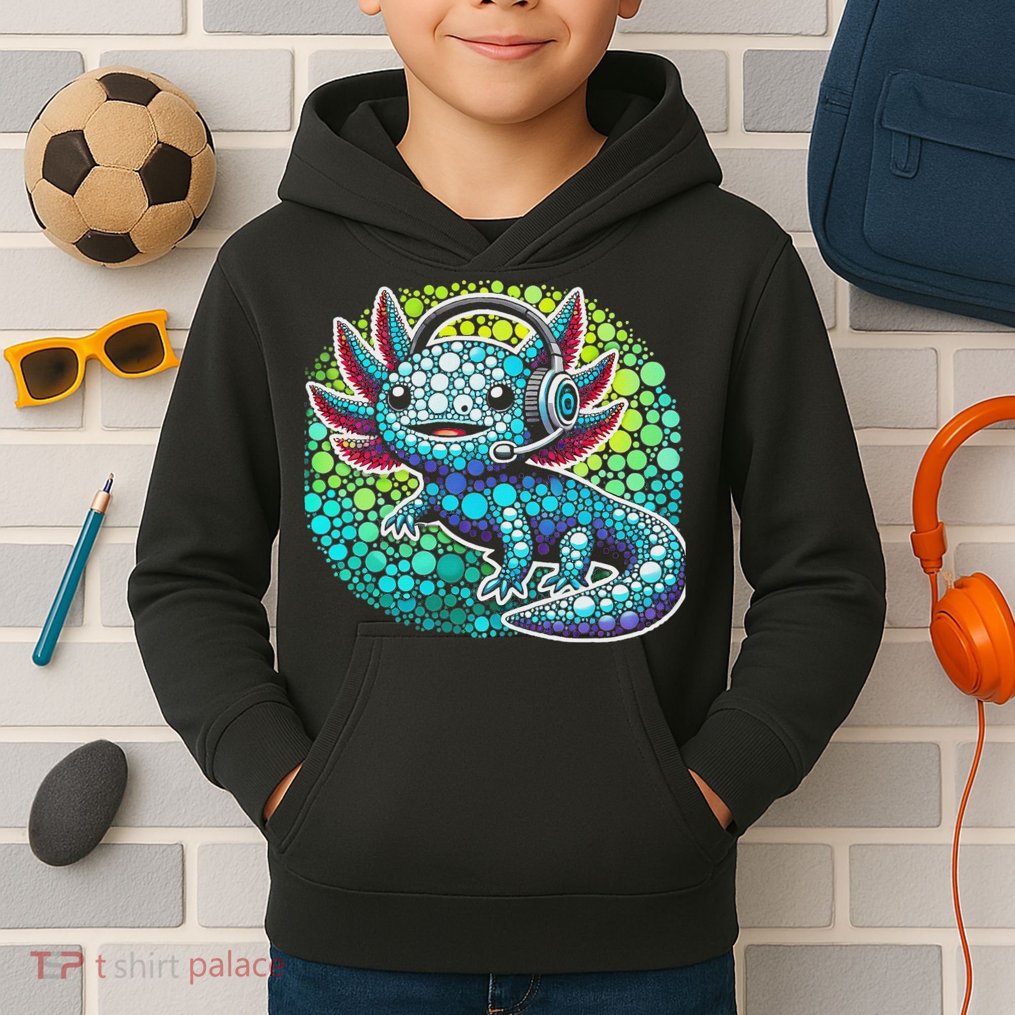 Gamer Axolotl Polka Dot Video Games Day Headphone Kids Hoodie