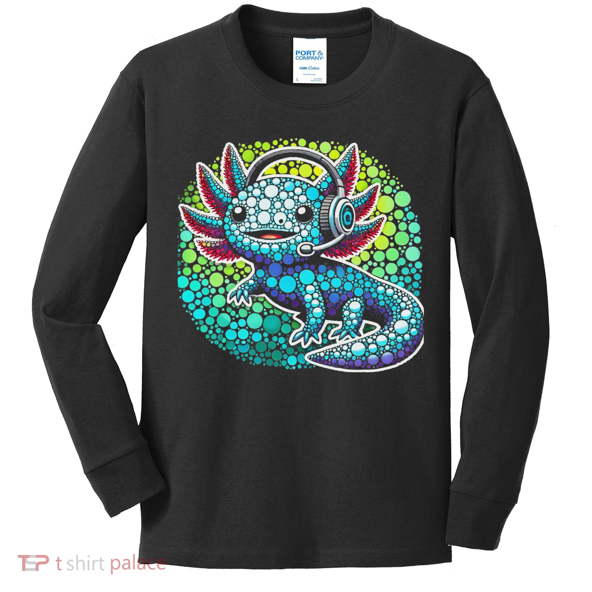 Gamer Axolotl Polka Dot Video Games Day Headphone Kids Long Sleeve Shirt