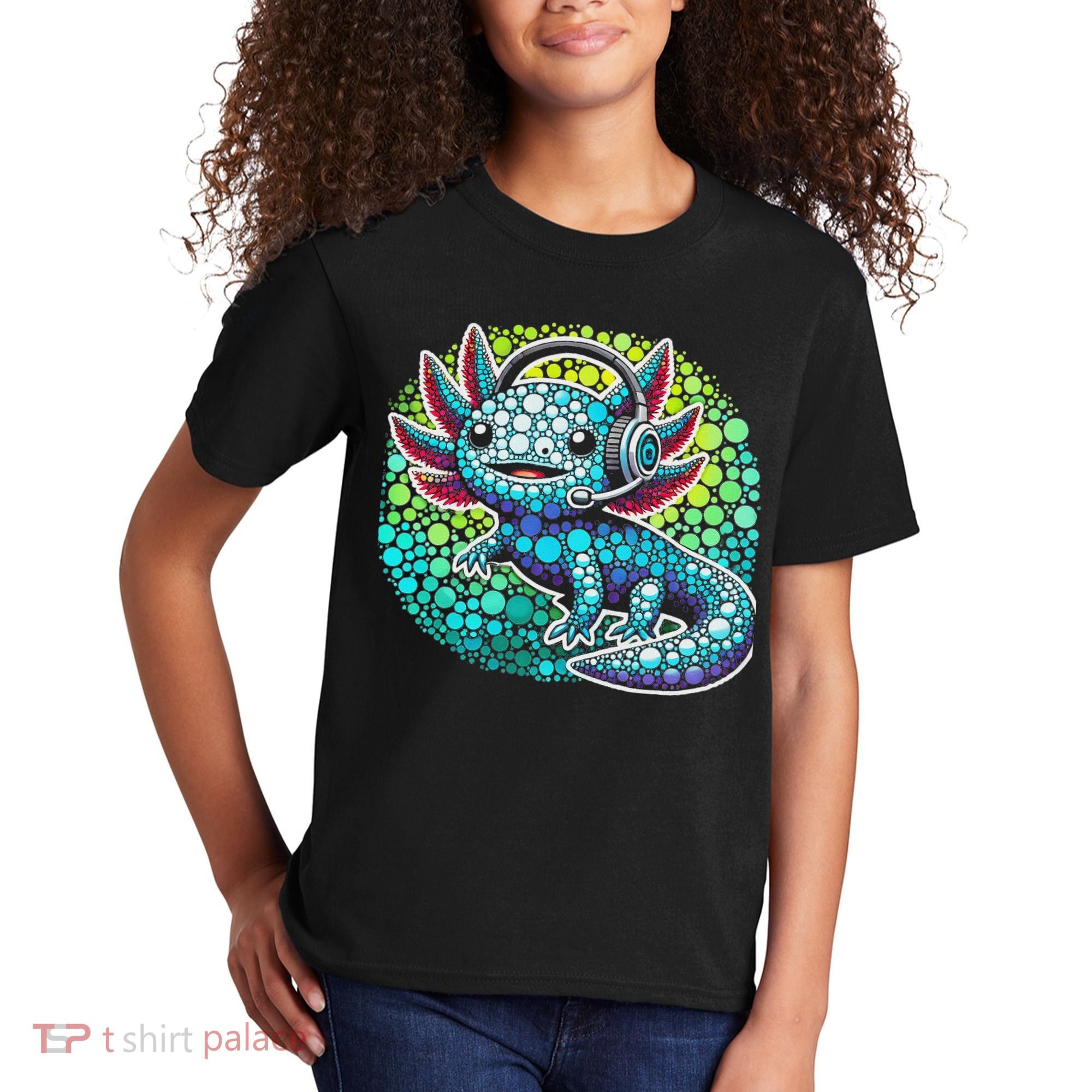 Gamer Axolotl Polka Dot Video Games Day Headphone Kids T-Shirt