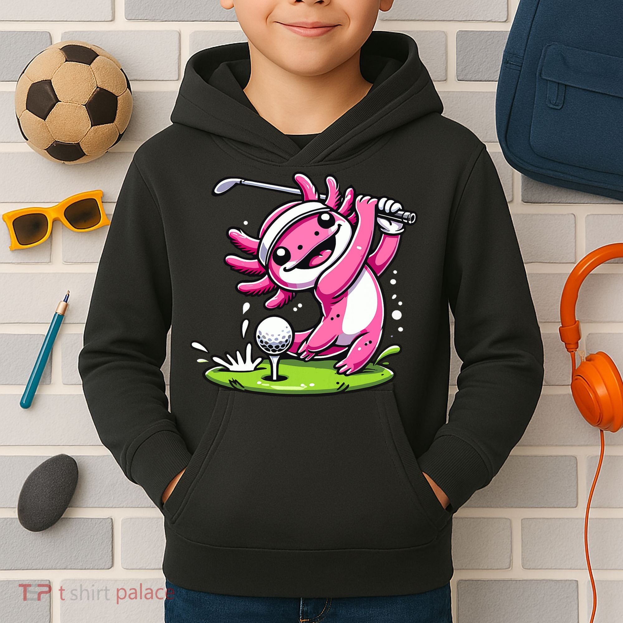 Golfer Axolotl Playing Golf, Golf Player Sports Kids Hoodie